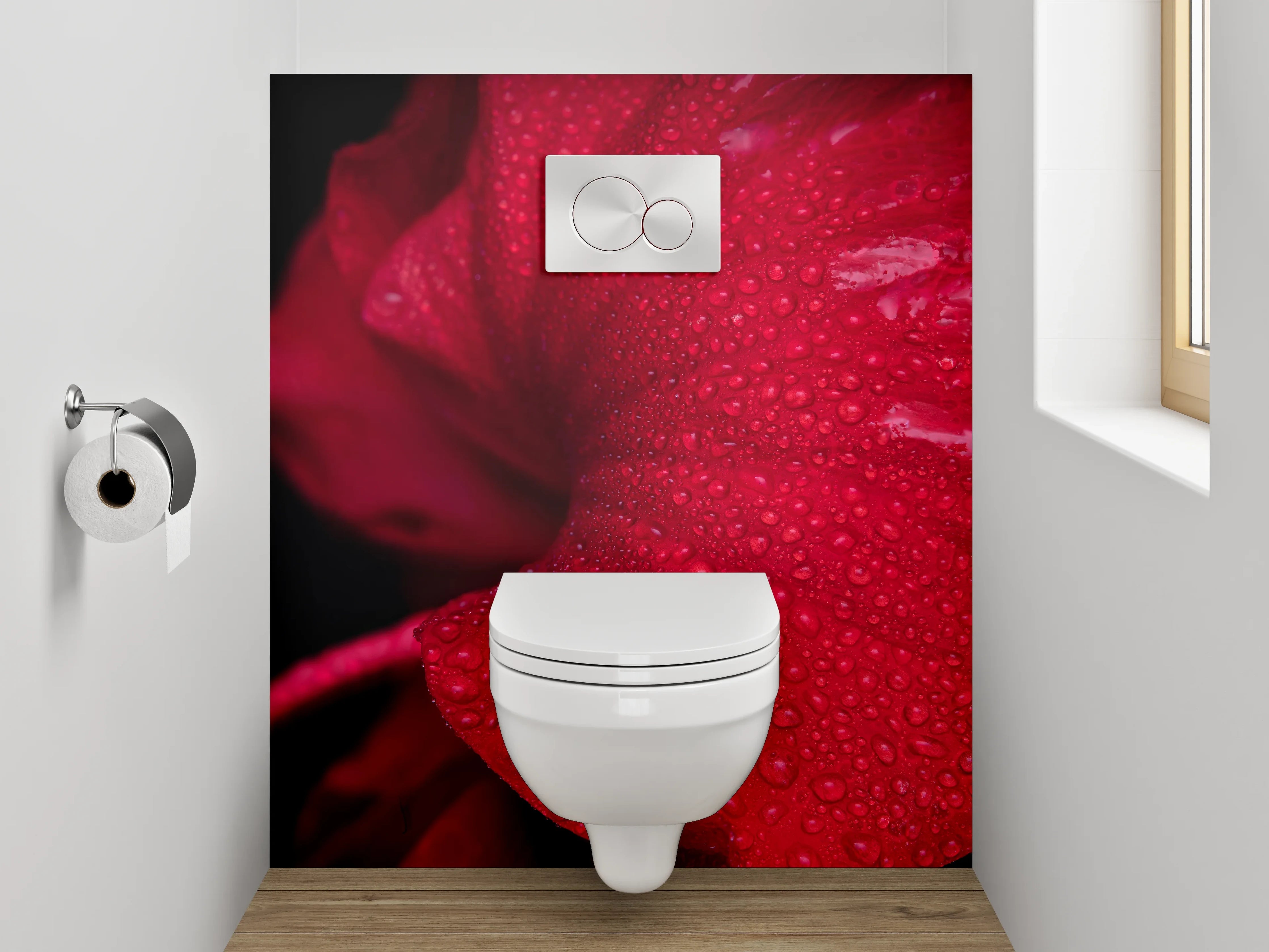WC-Rückwand - Rote Blütenpracht mit Wassertropfen