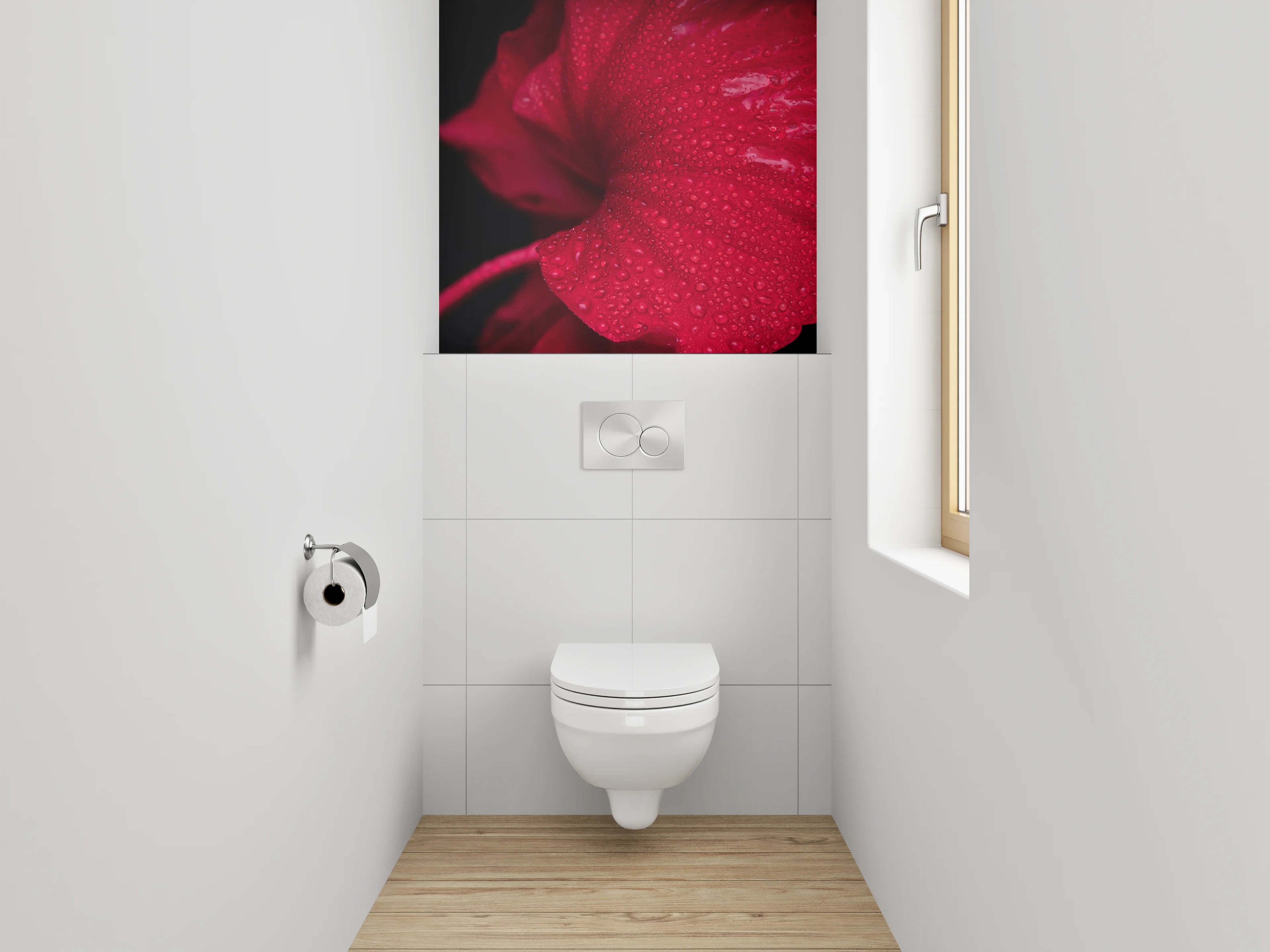 WC-Rückwand - Rote Blütenpracht mit Wassertropfen