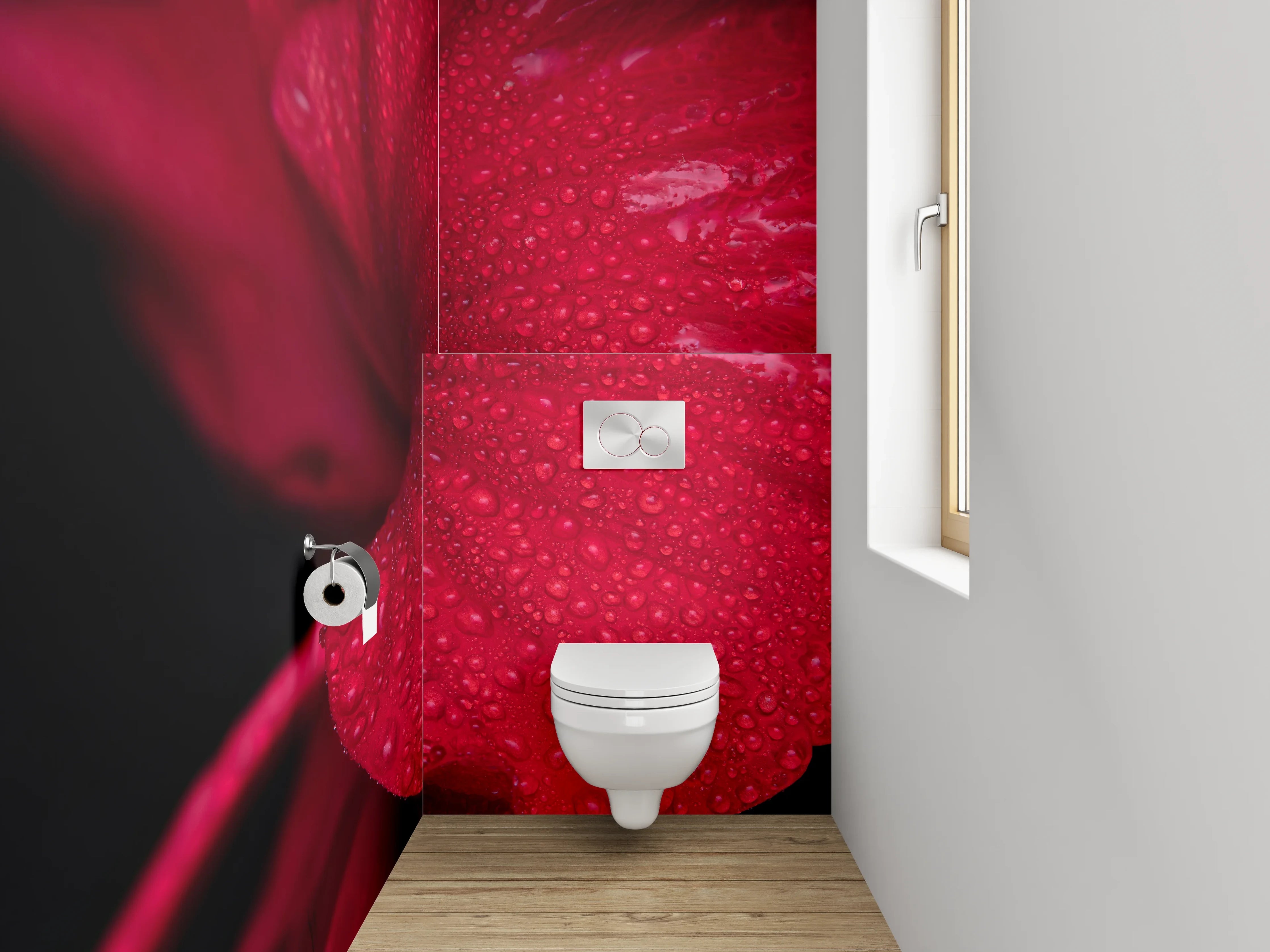 WC-Rückwand - Rote Blütenpracht mit Wassertropfen