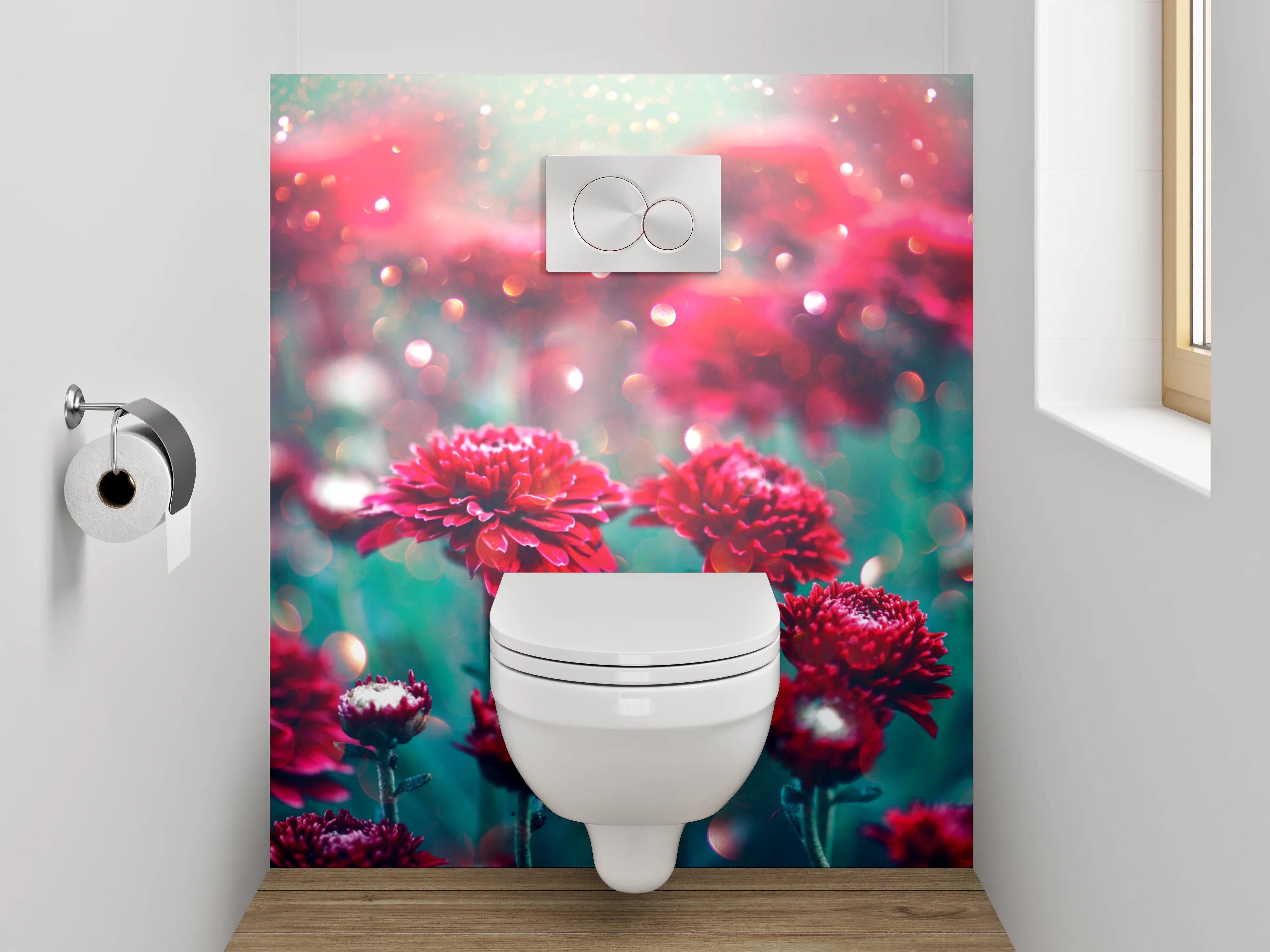WC-Rückwand - Rote Chrysanthemen mit Glanzlichtern