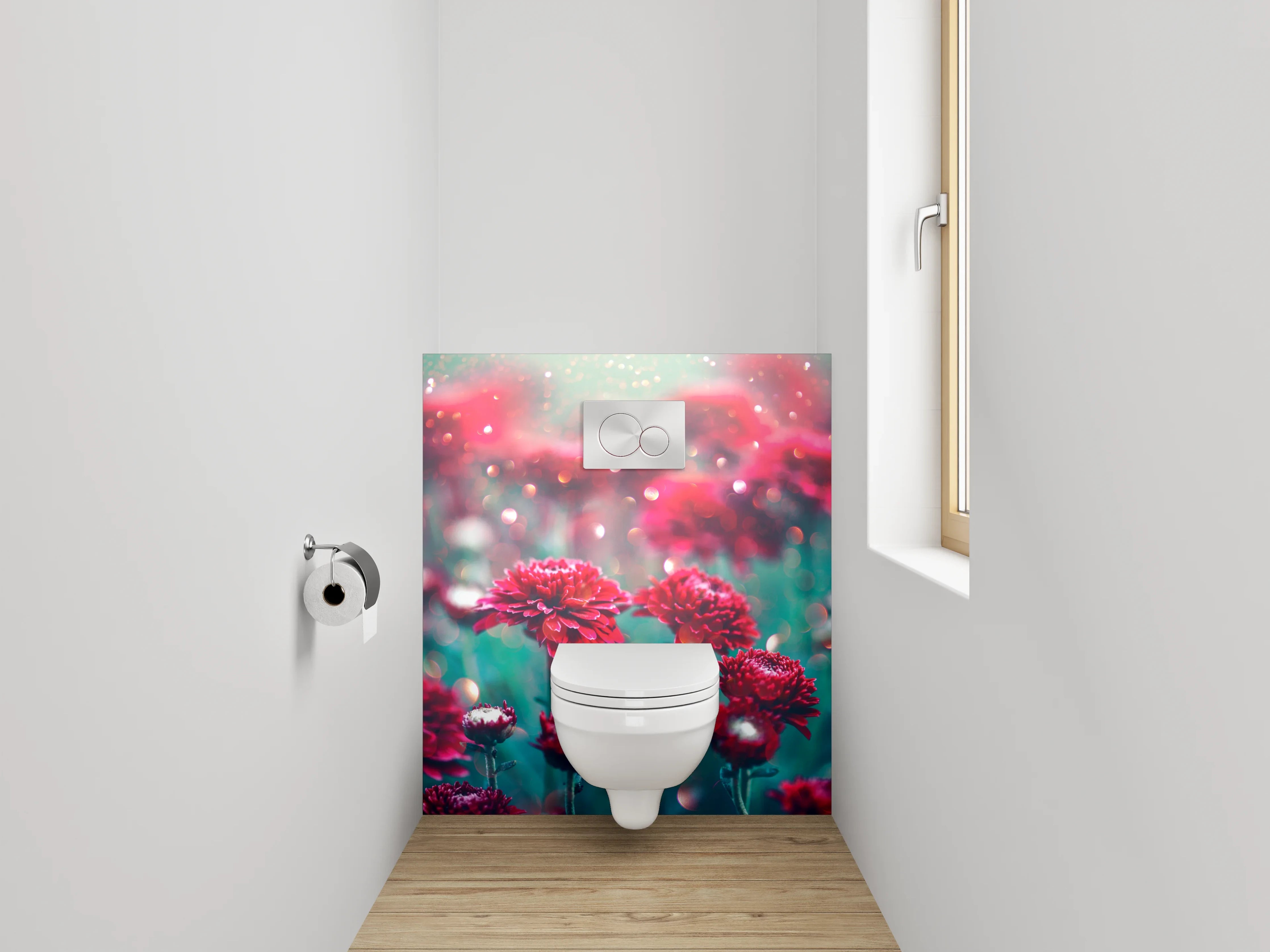 WC-Rückwand - Rote Chrysanthemen mit Glanzlichtern