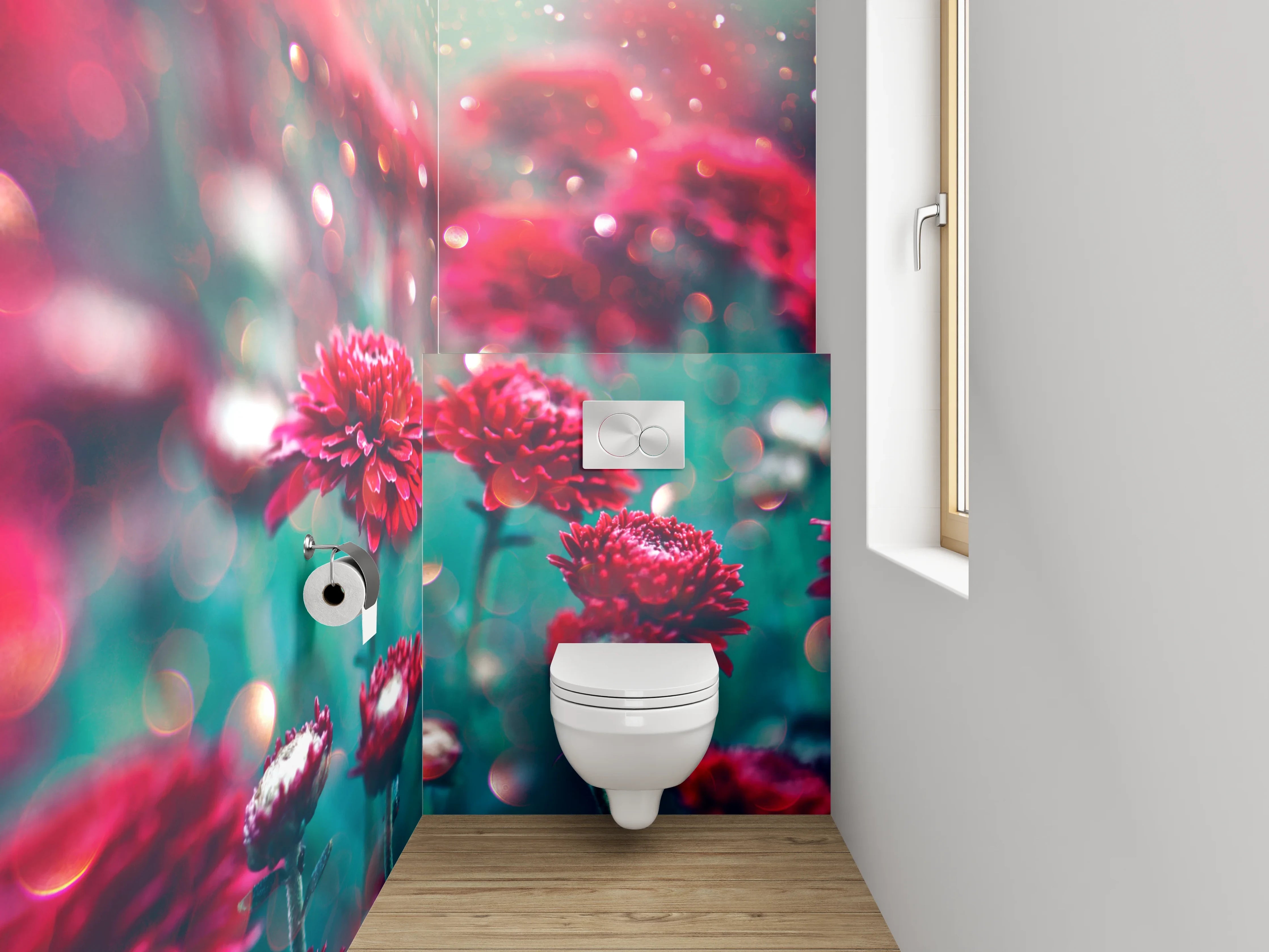 WC-Rückwand - Rote Chrysanthemen mit Glanzlichtern