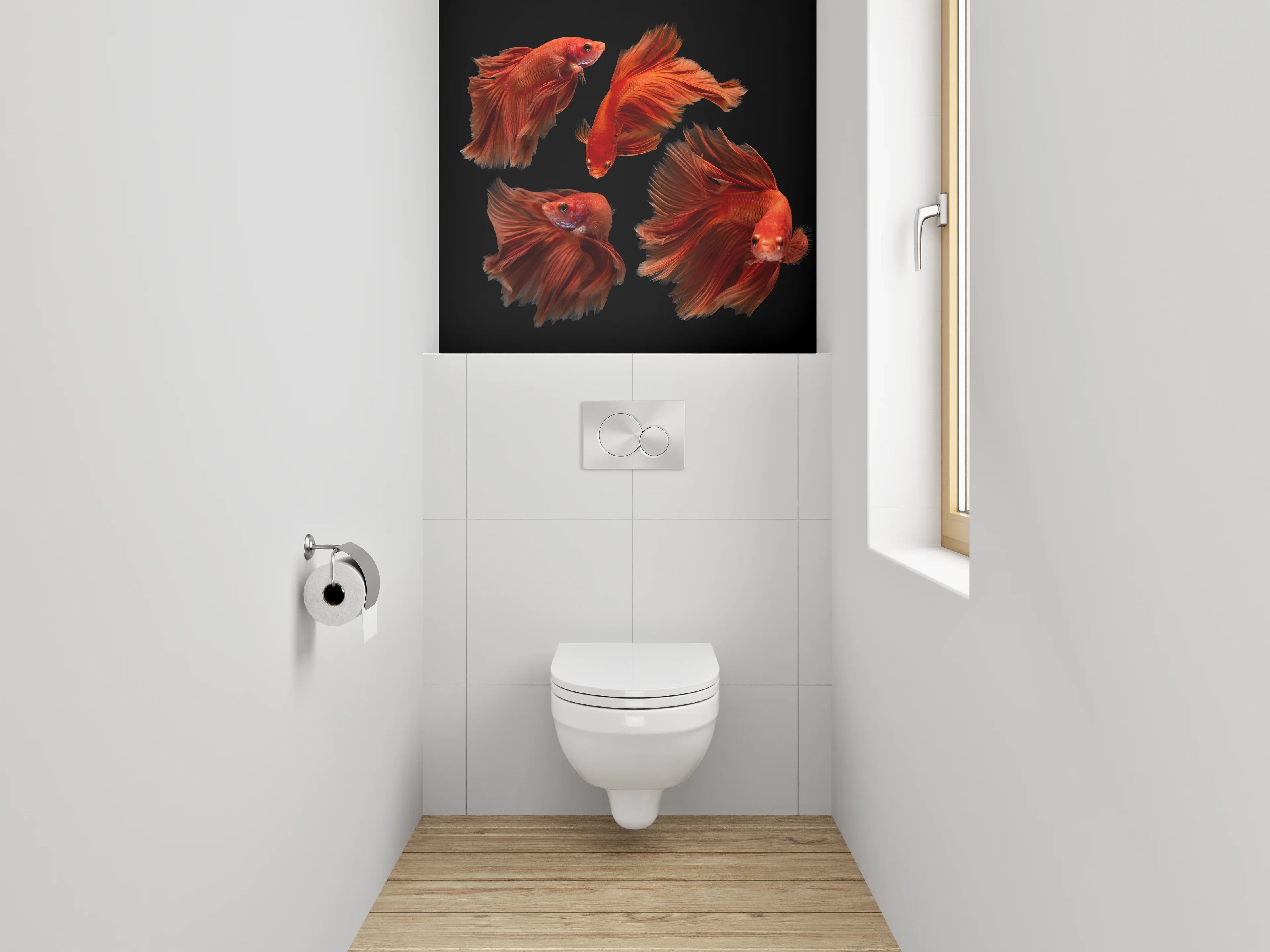 WC-Rückwand - Rote Kampffische auf Schwarz