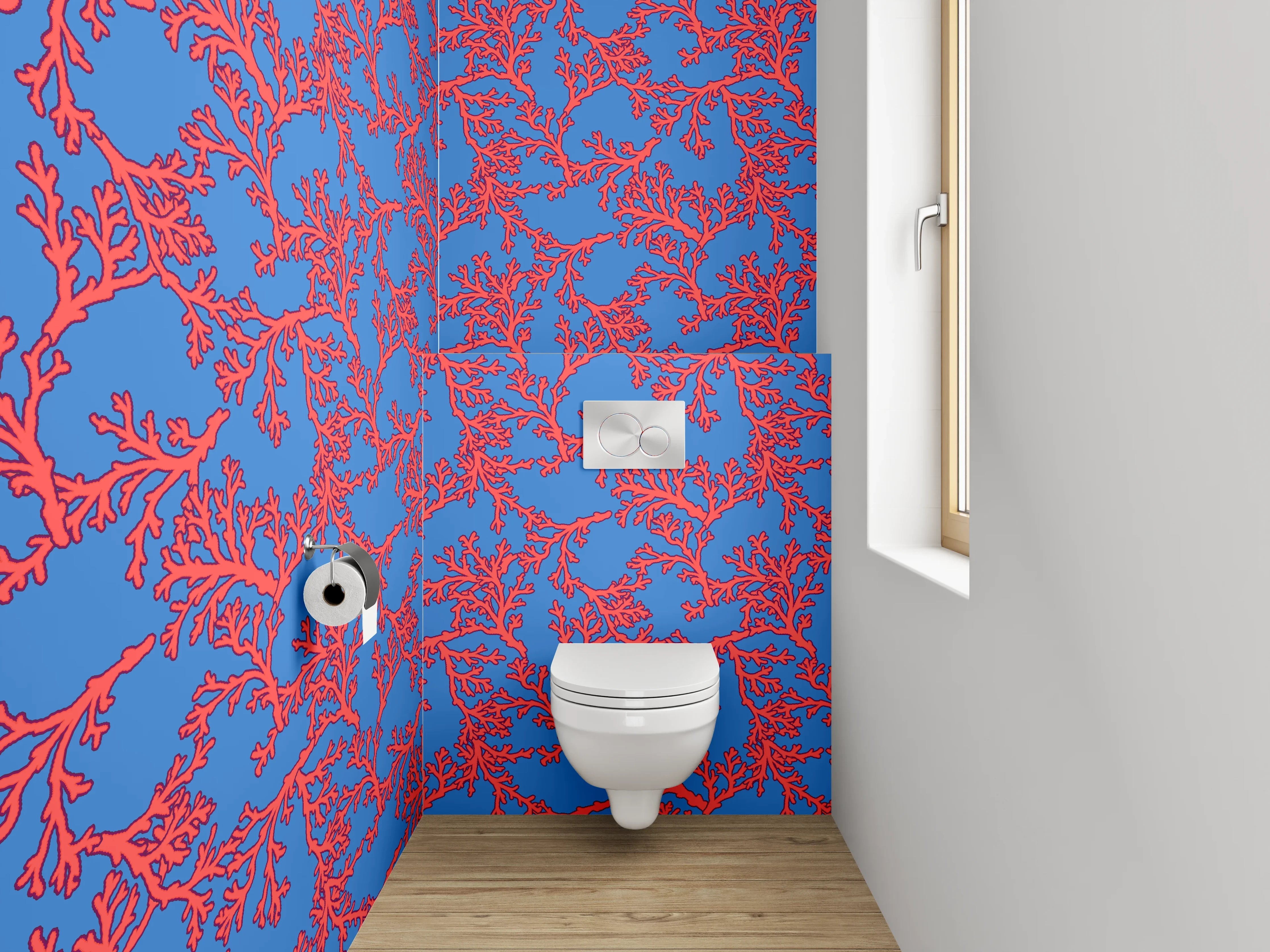 WC-Rückwand - Rote Korallen-Äste auf Blau