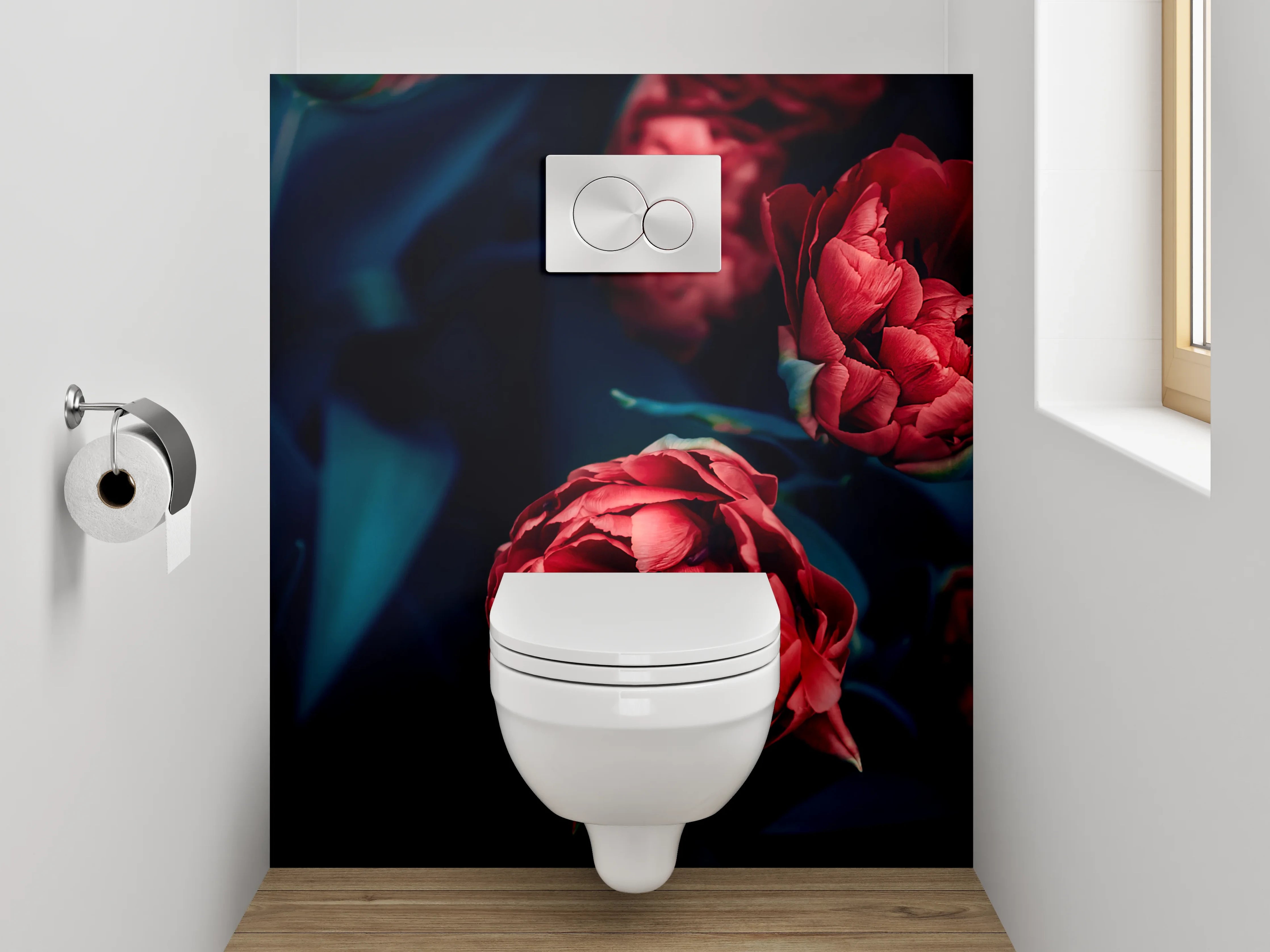 WC-Rückwand - Rote Pfingstrosen auf dunklem Hintergrund