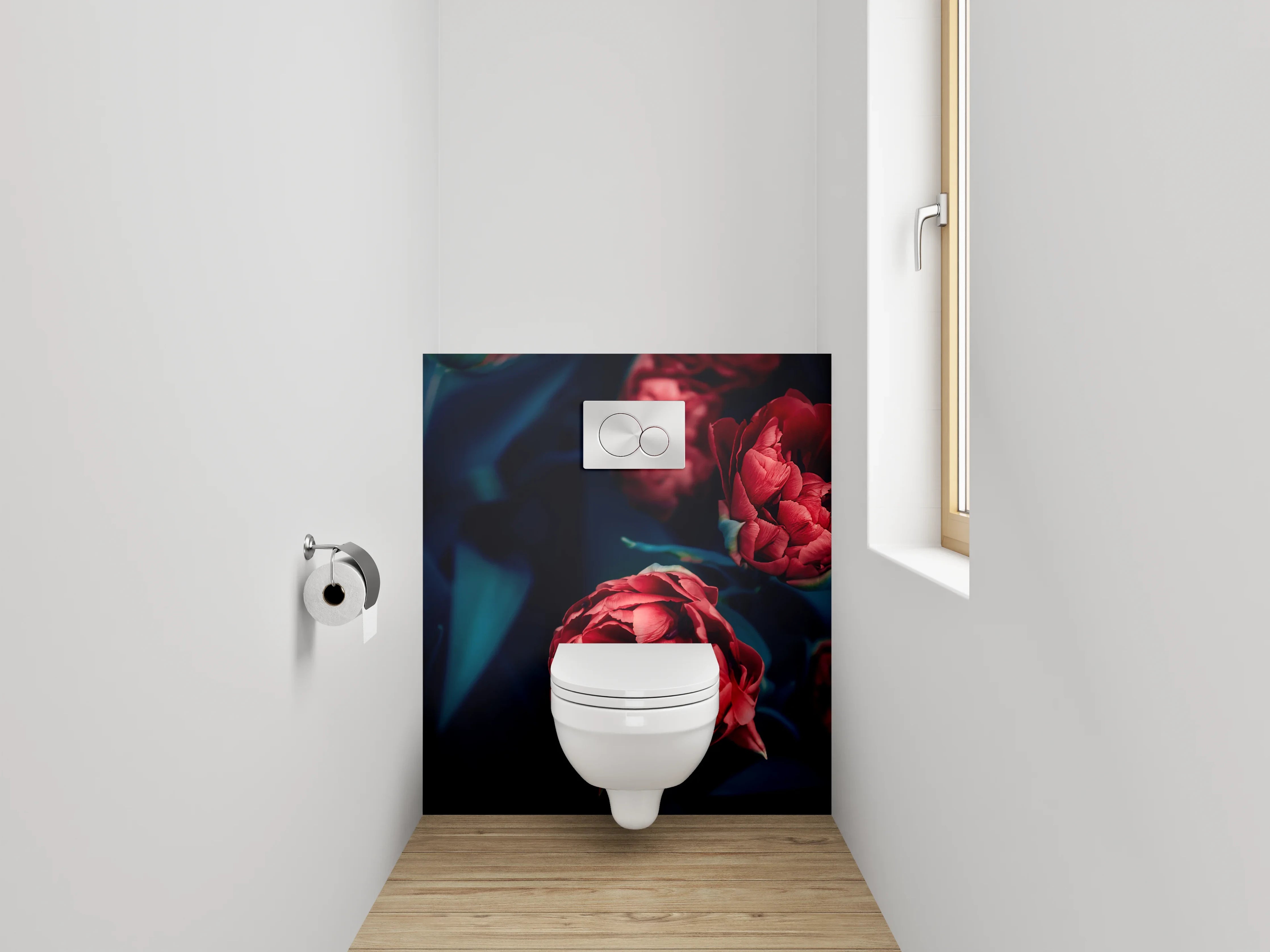 WC-Rückwand - Rote Pfingstrosen auf dunklem Hintergrund