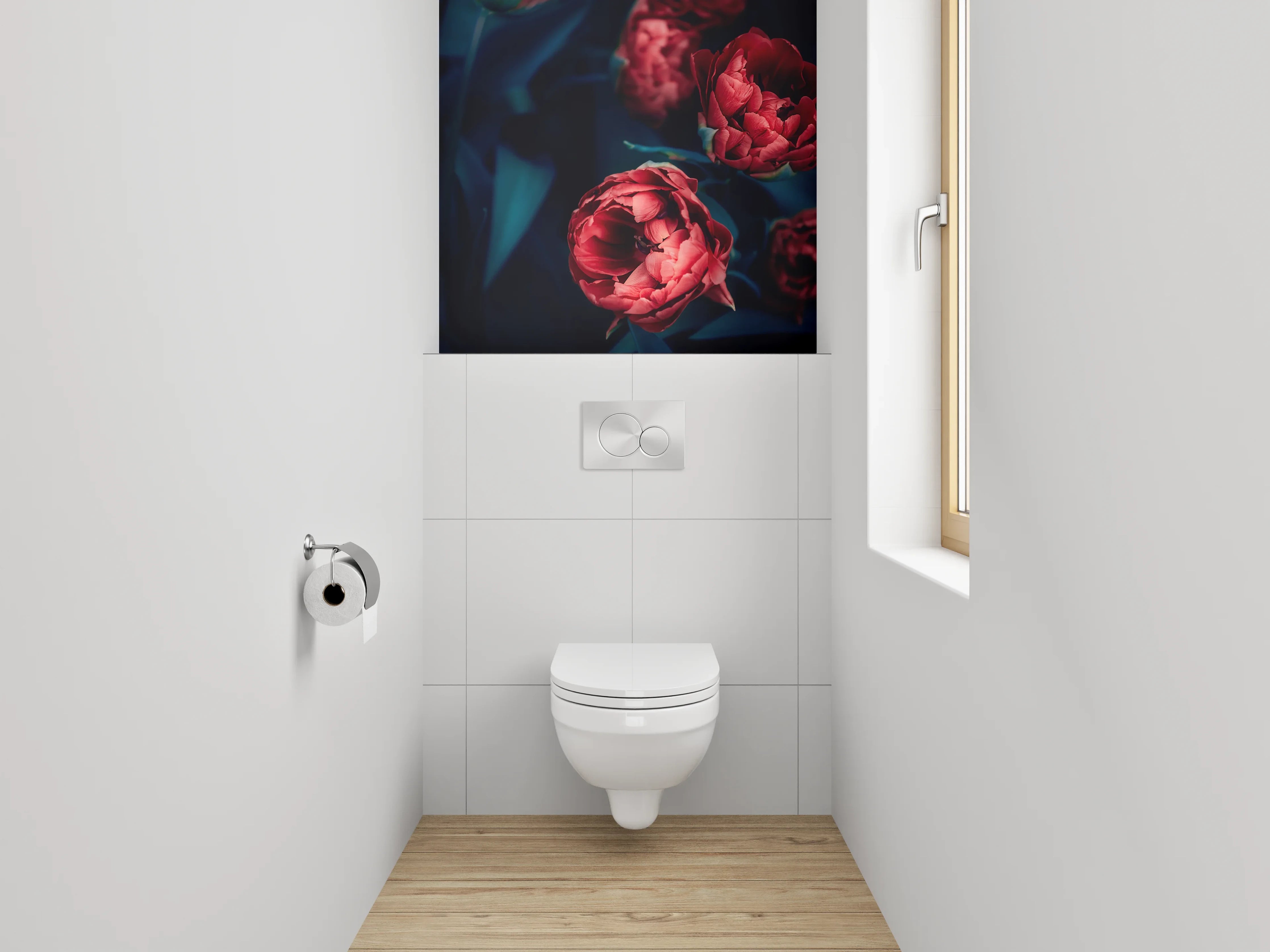 WC-Rückwand - Rote Pfingstrosen auf dunklem Hintergrund
