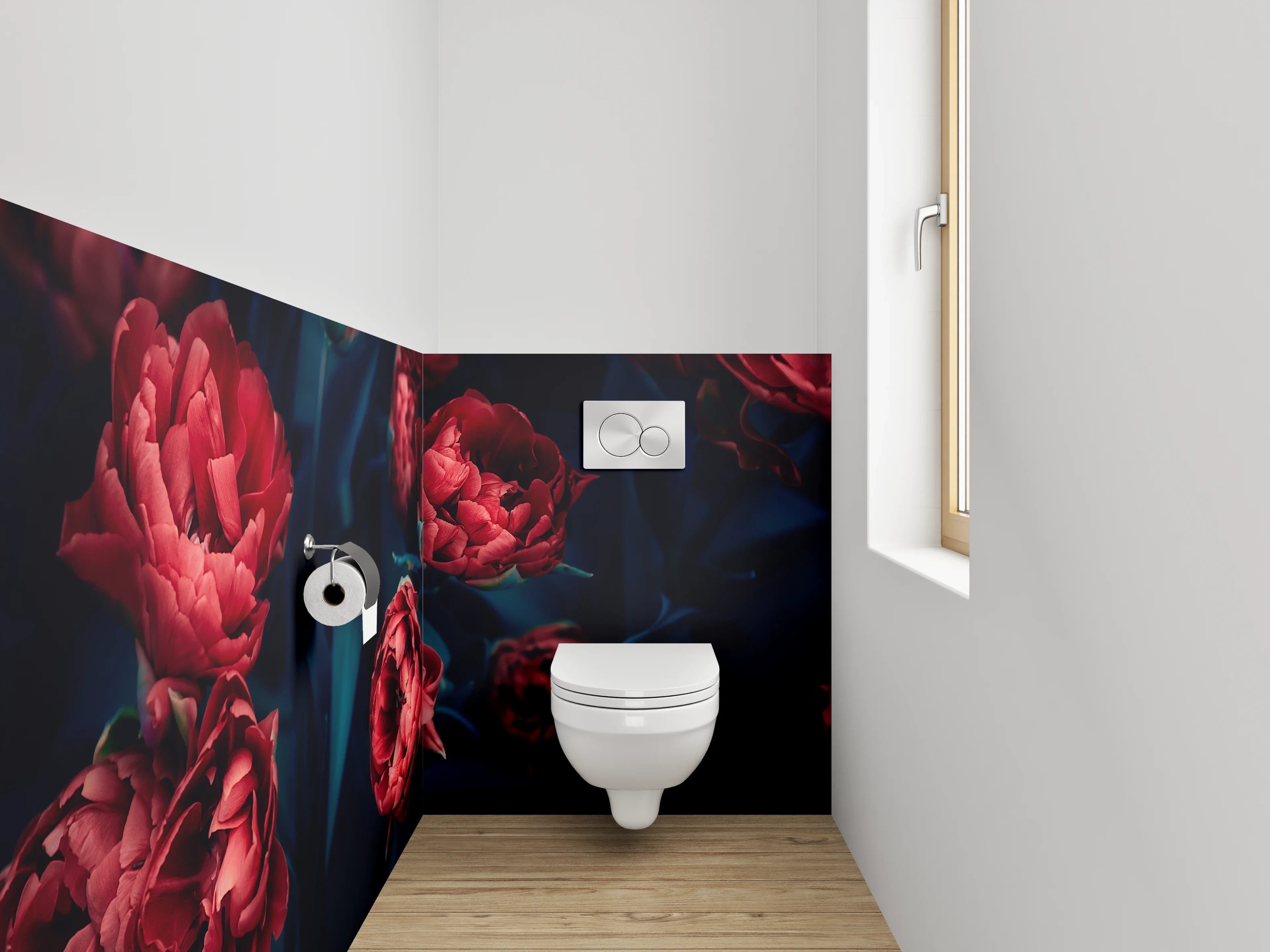 WC-Rückwand - Rote Pfingstrosen auf dunklem Hintergrund