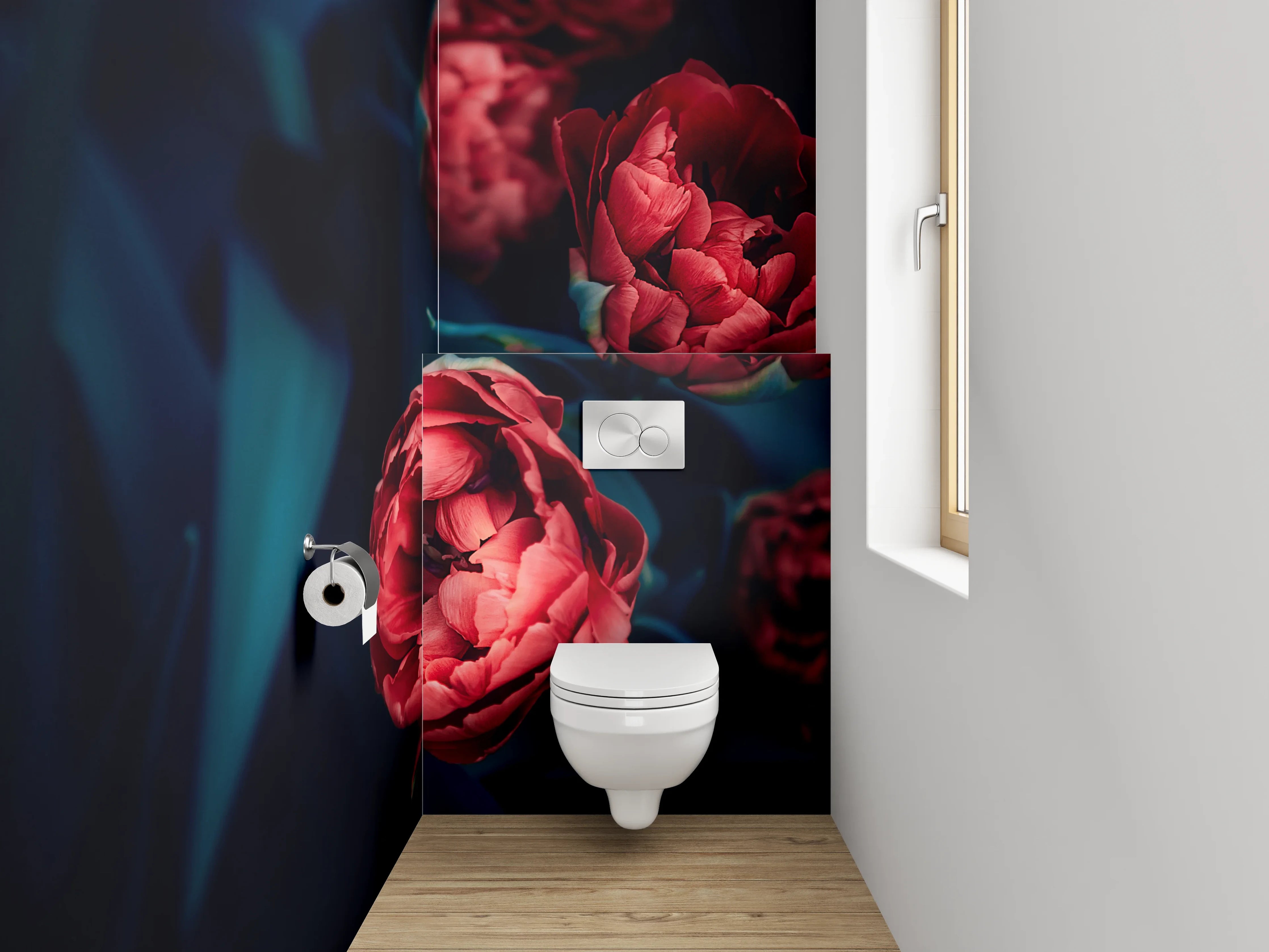 WC-Rückwand - Rote Pfingstrosen auf dunklem Hintergrund