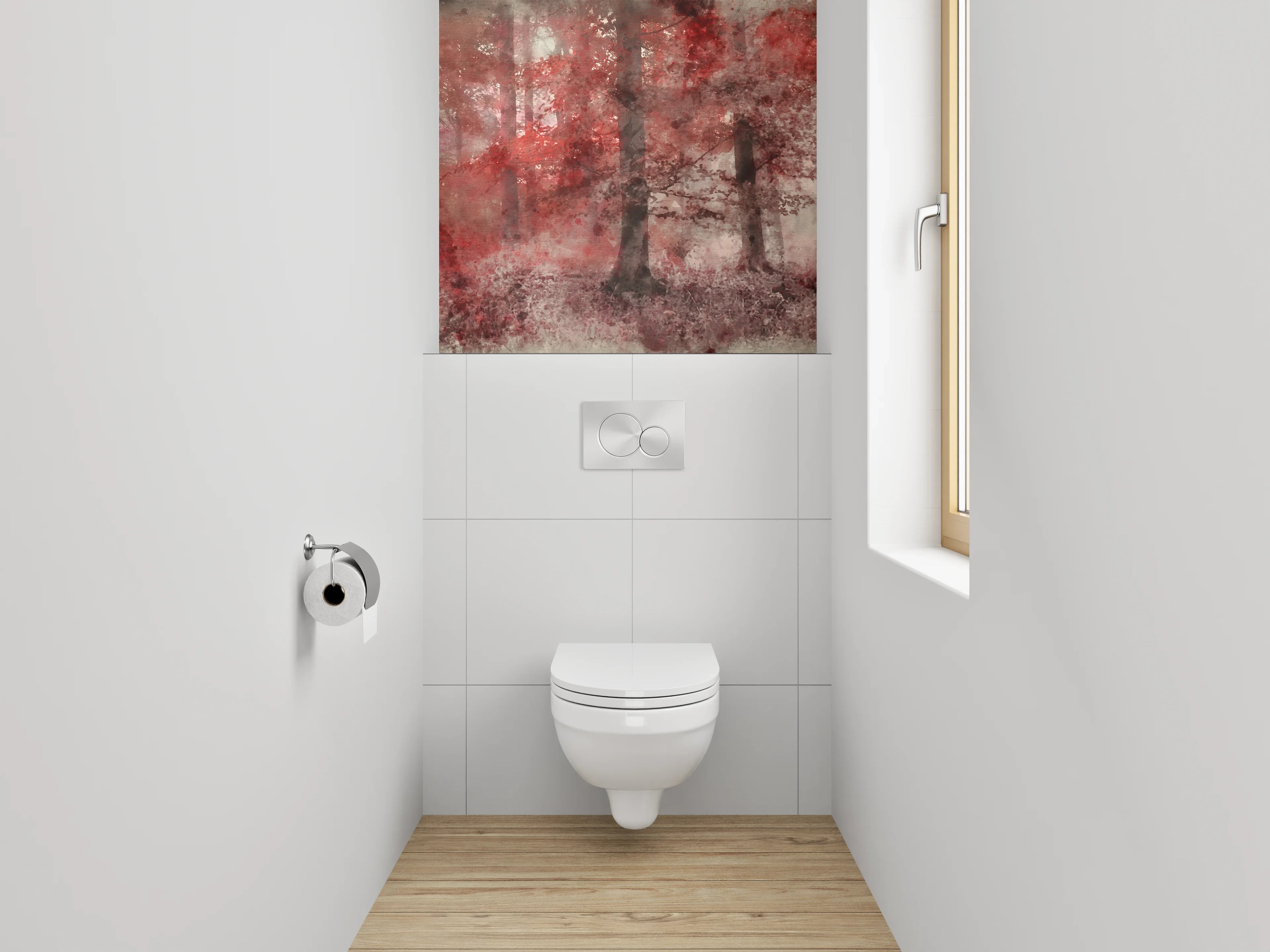 WC-Rückwand - Roter Aquarell-Wald im Nebel