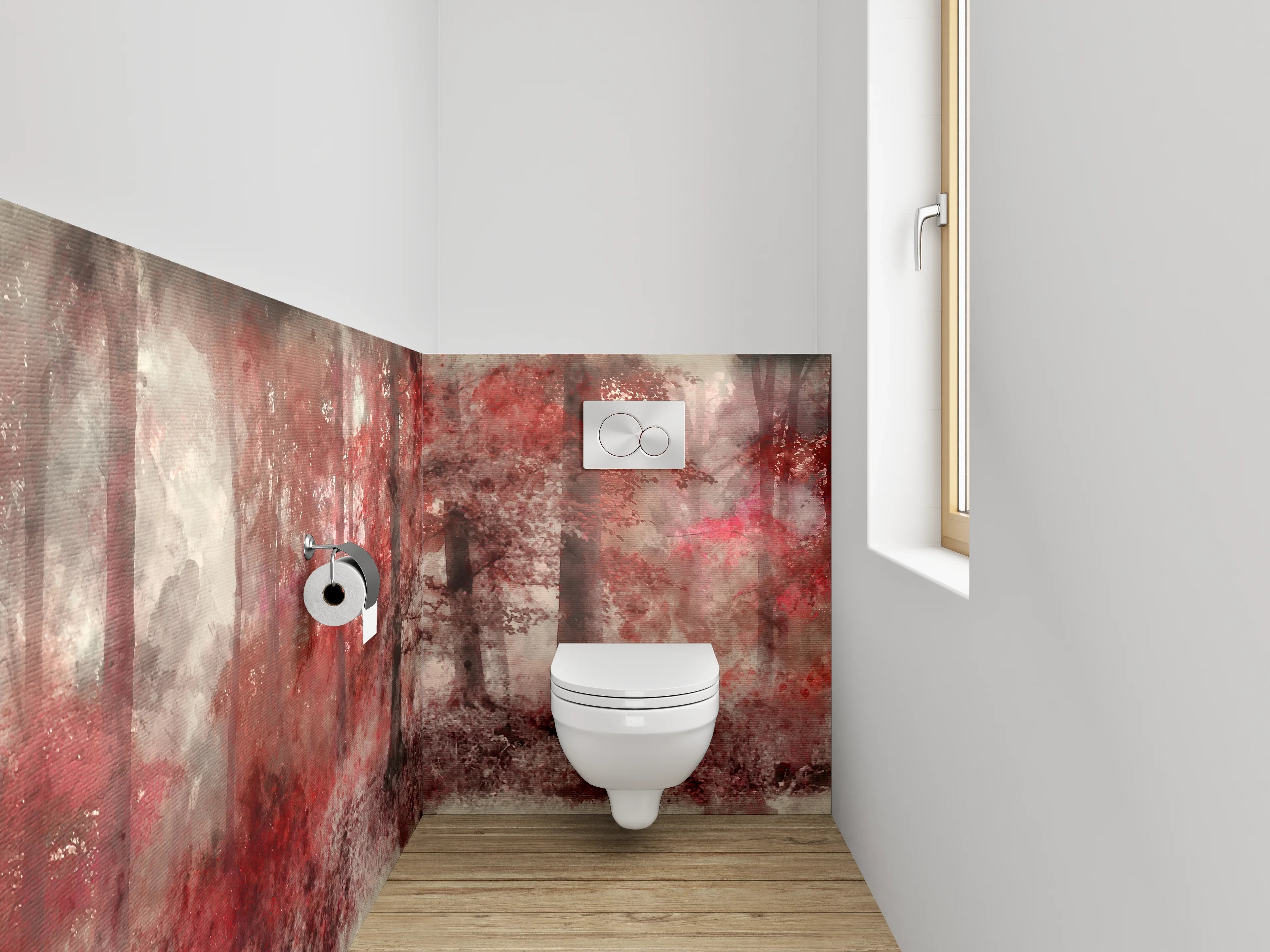 WC-Rückwand - Roter Aquarell-Wald im Nebel