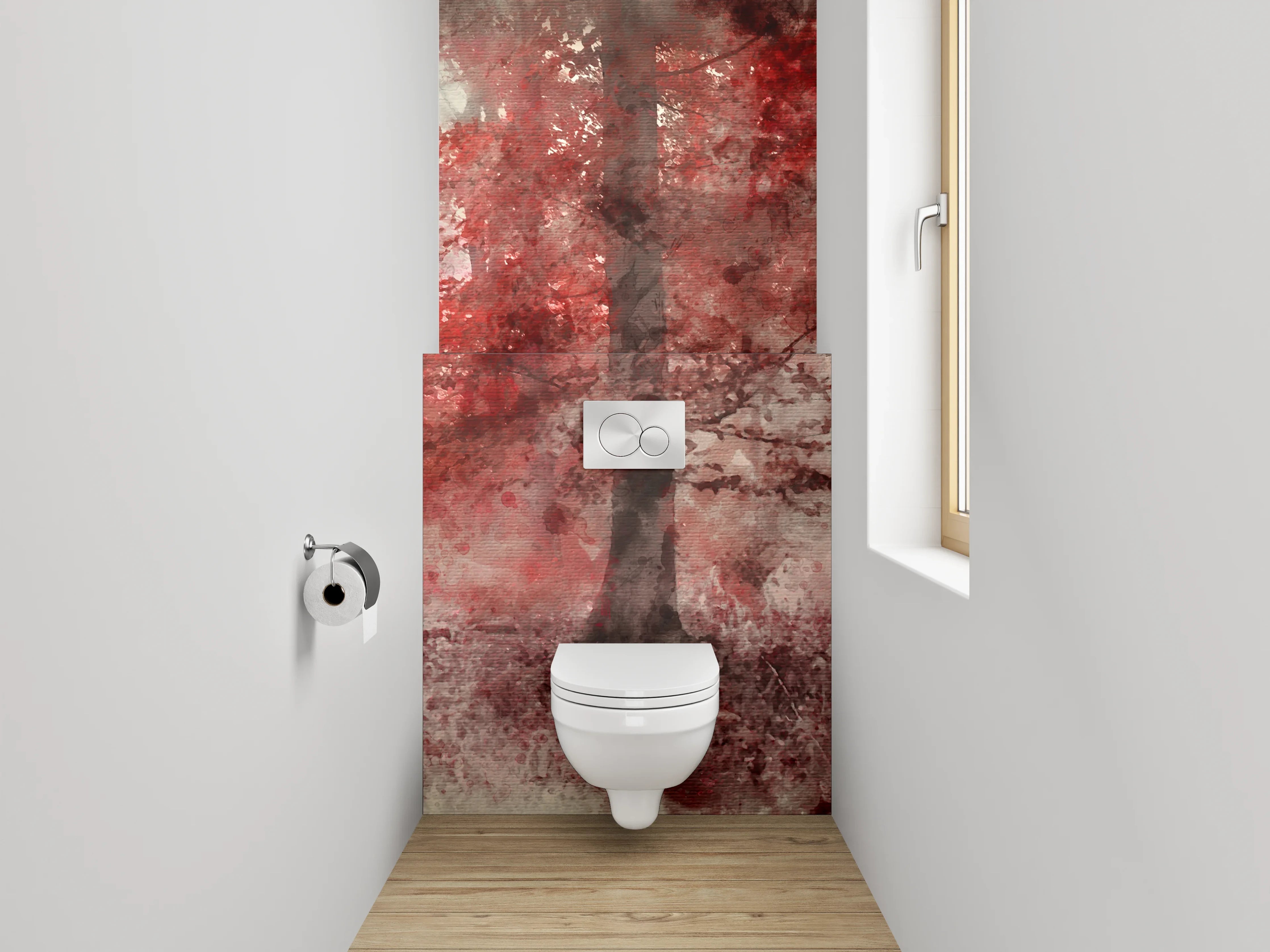 WC-Rückwand - Roter Aquarell-Wald im Nebel