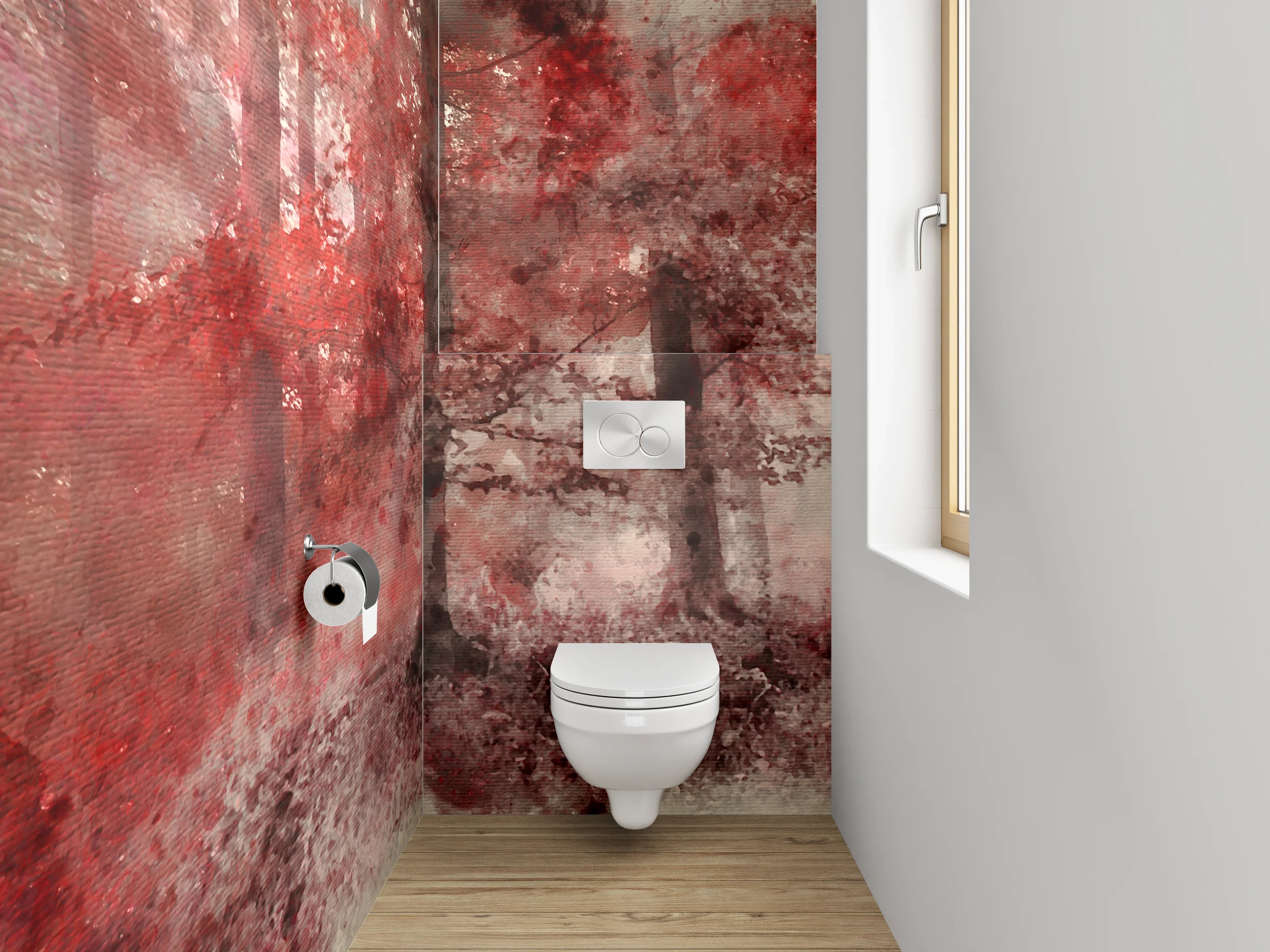 WC-Rückwand - Roter Aquarell-Wald im Nebel