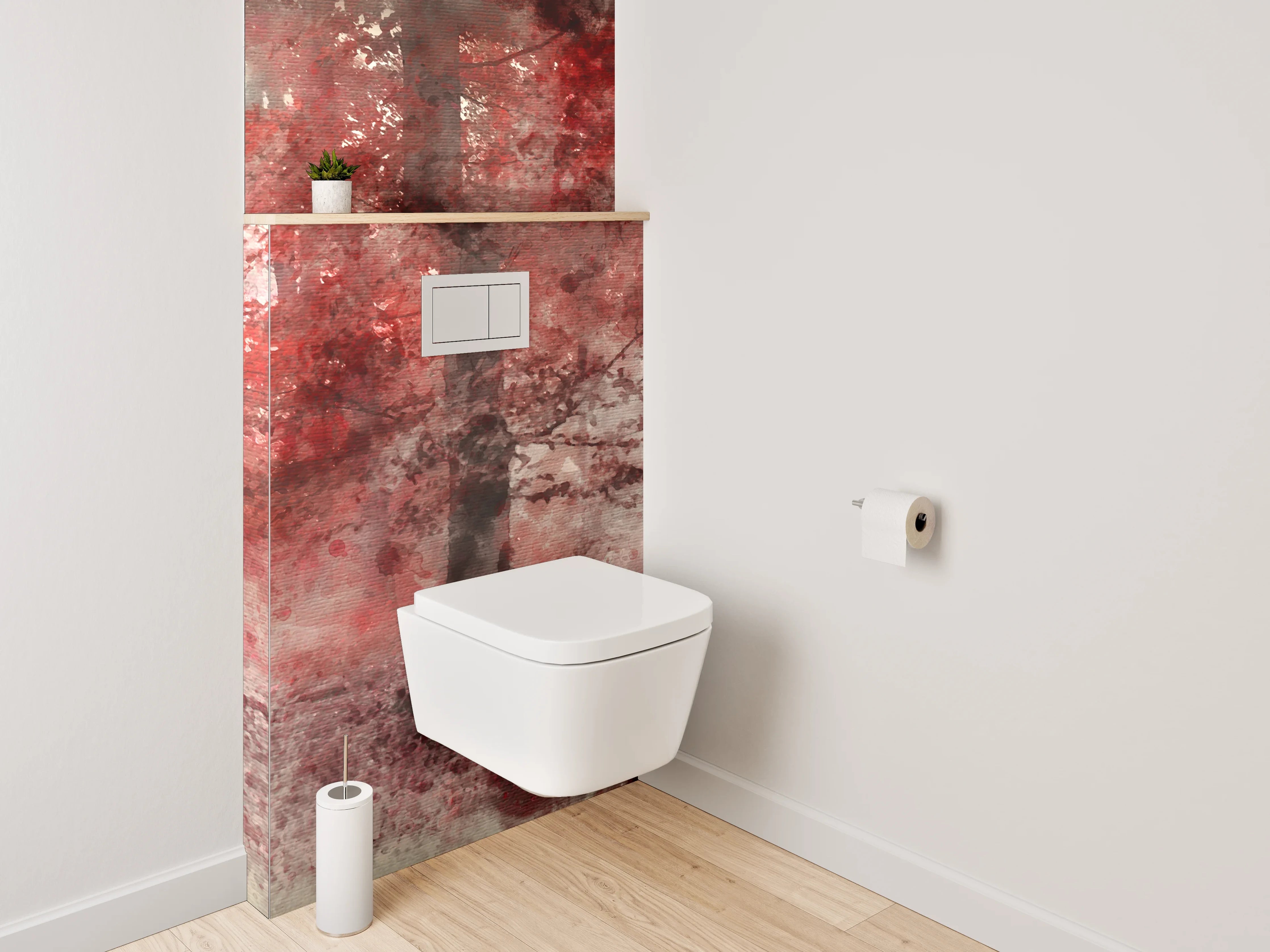 WC-Rückwand - Roter Aquarell-Wald im Nebel