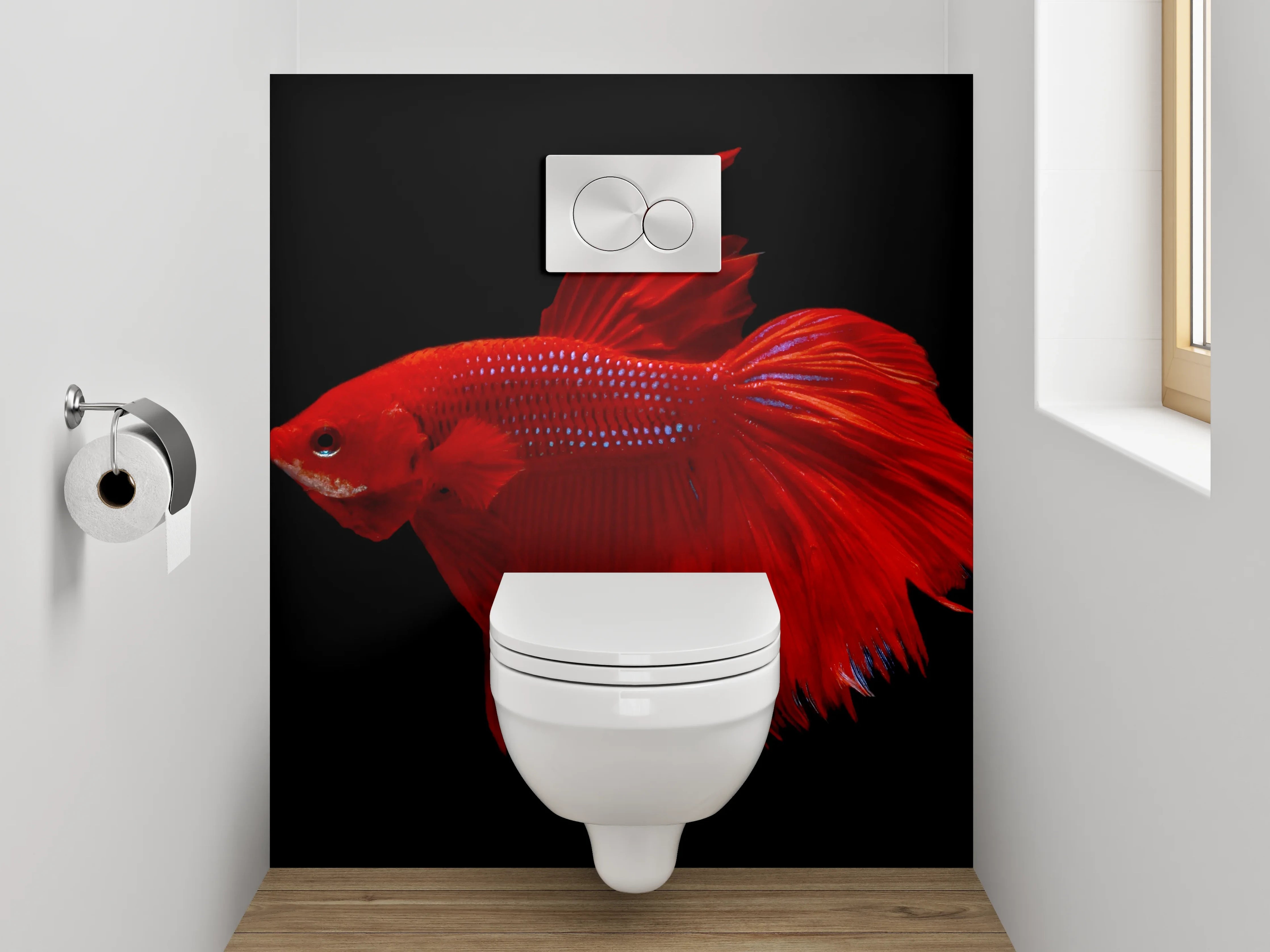 WC-Rückwand - Roter Kampffisch auf Schwarz