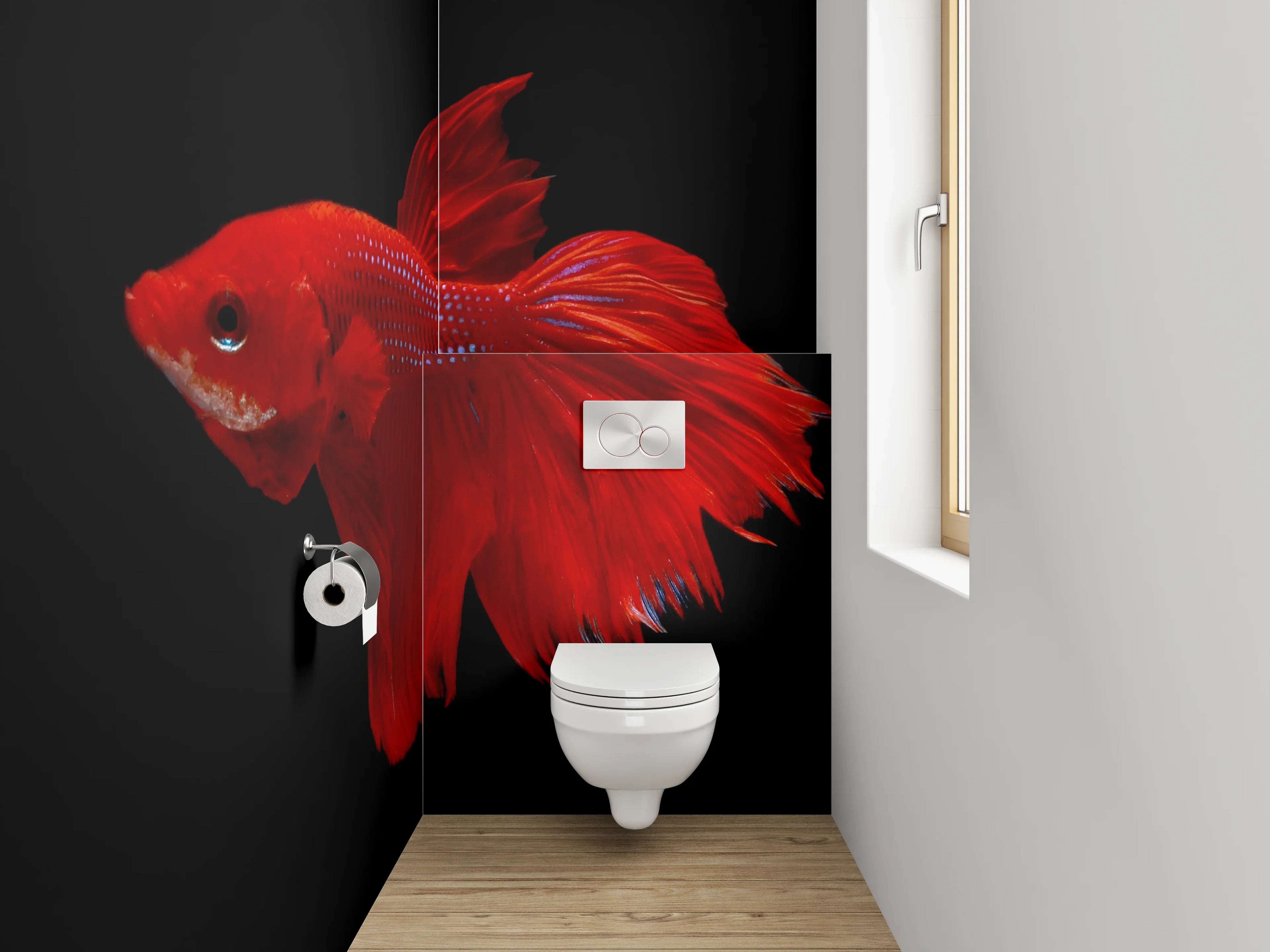 WC-Rückwand - Roter Kampffisch auf Schwarz