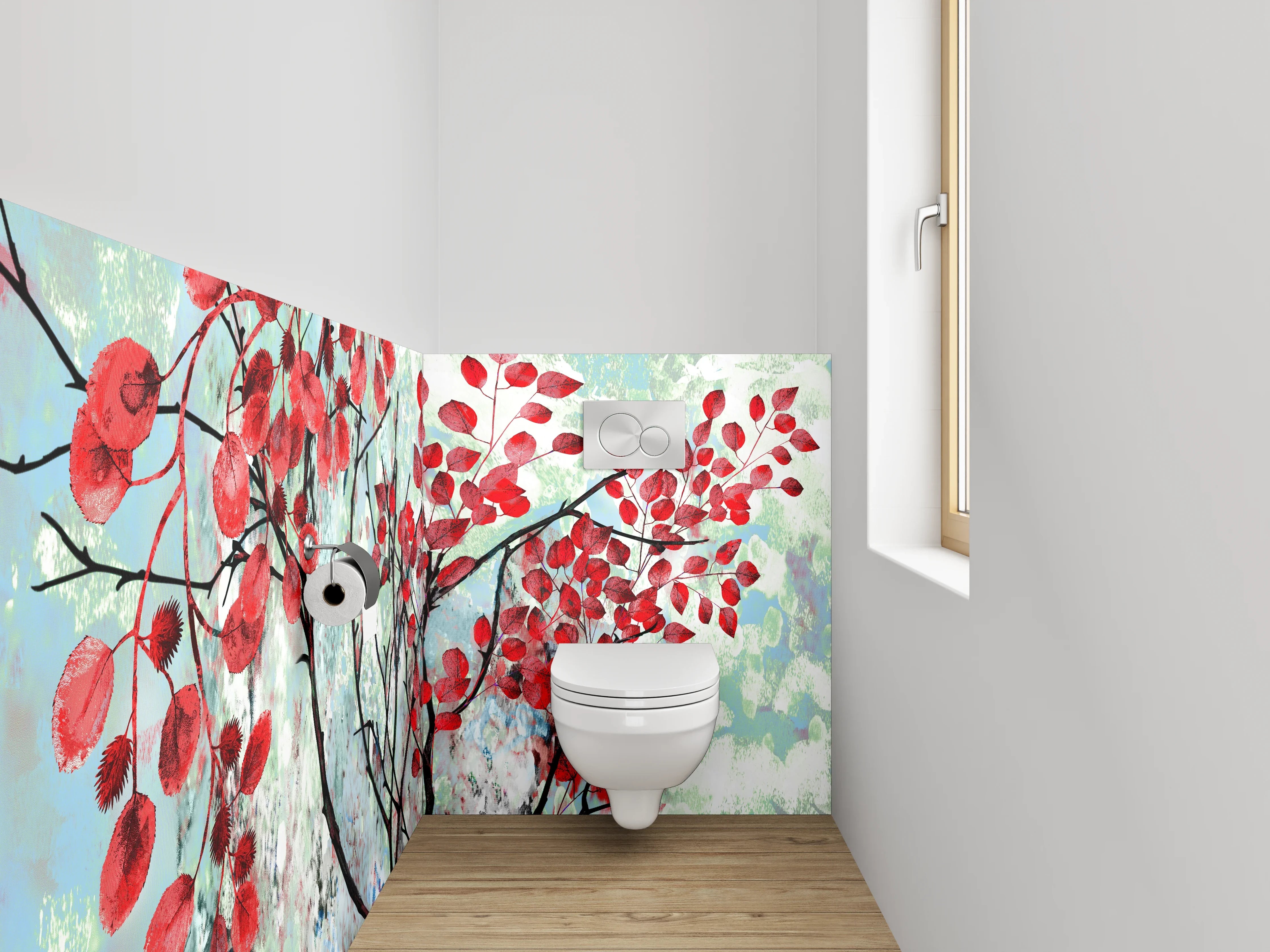 WC-Rückwand - Rotes Blattwerk im Aquarellstil