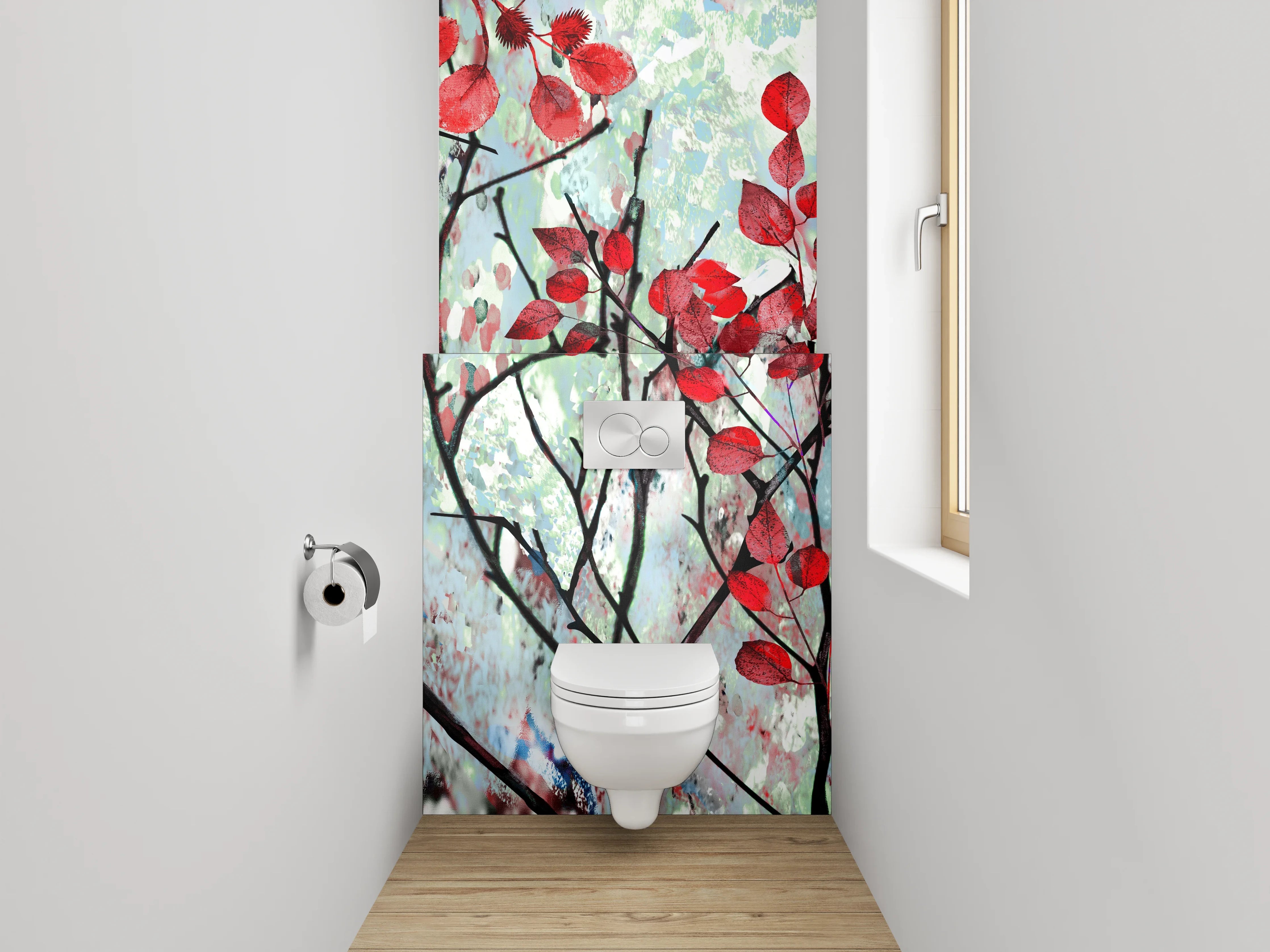 WC-Rückwand - Rotes Blattwerk im Aquarellstil
