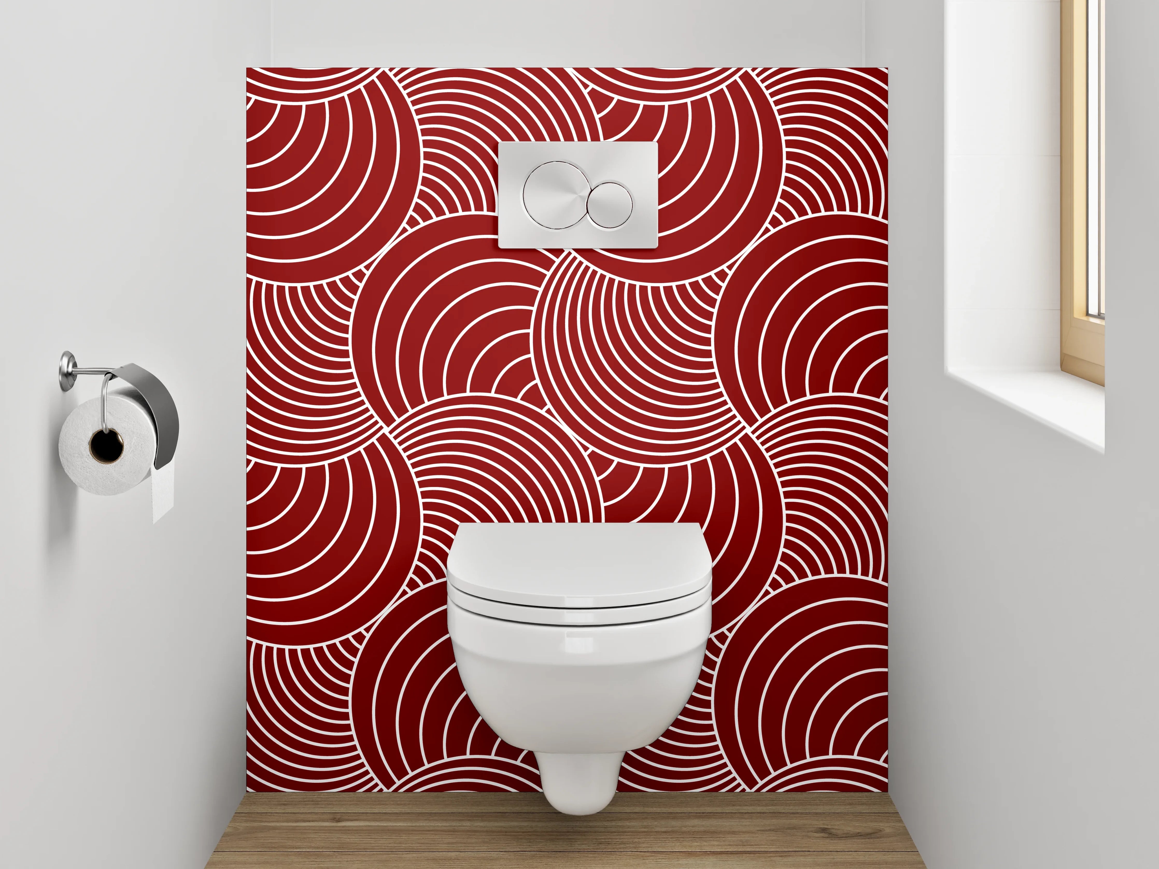 WC-Rückwand - Rotes Muster mit weißen Wellenlinien