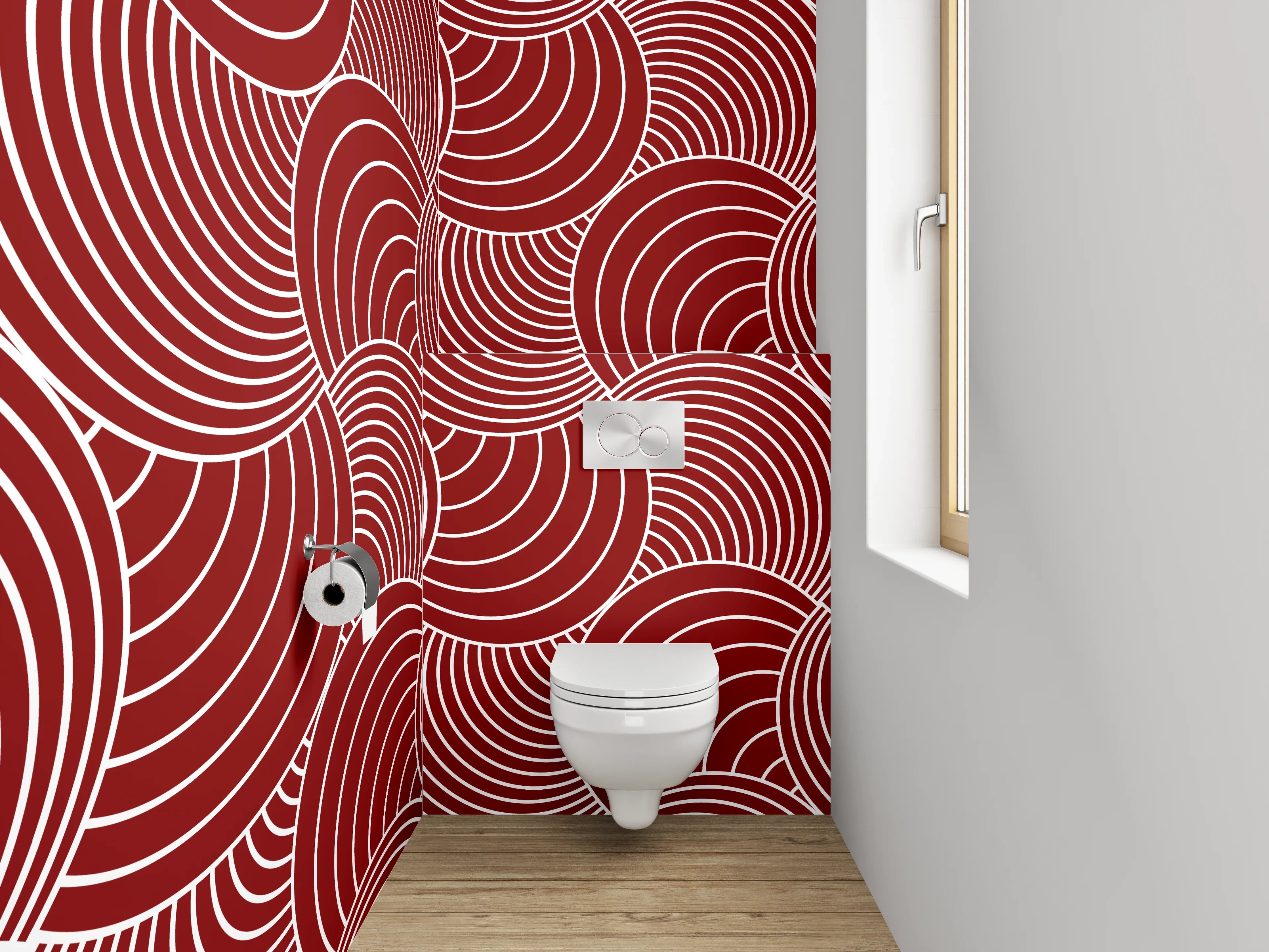 WC-Rückwand - Rotes Muster mit weißen Wellenlinien