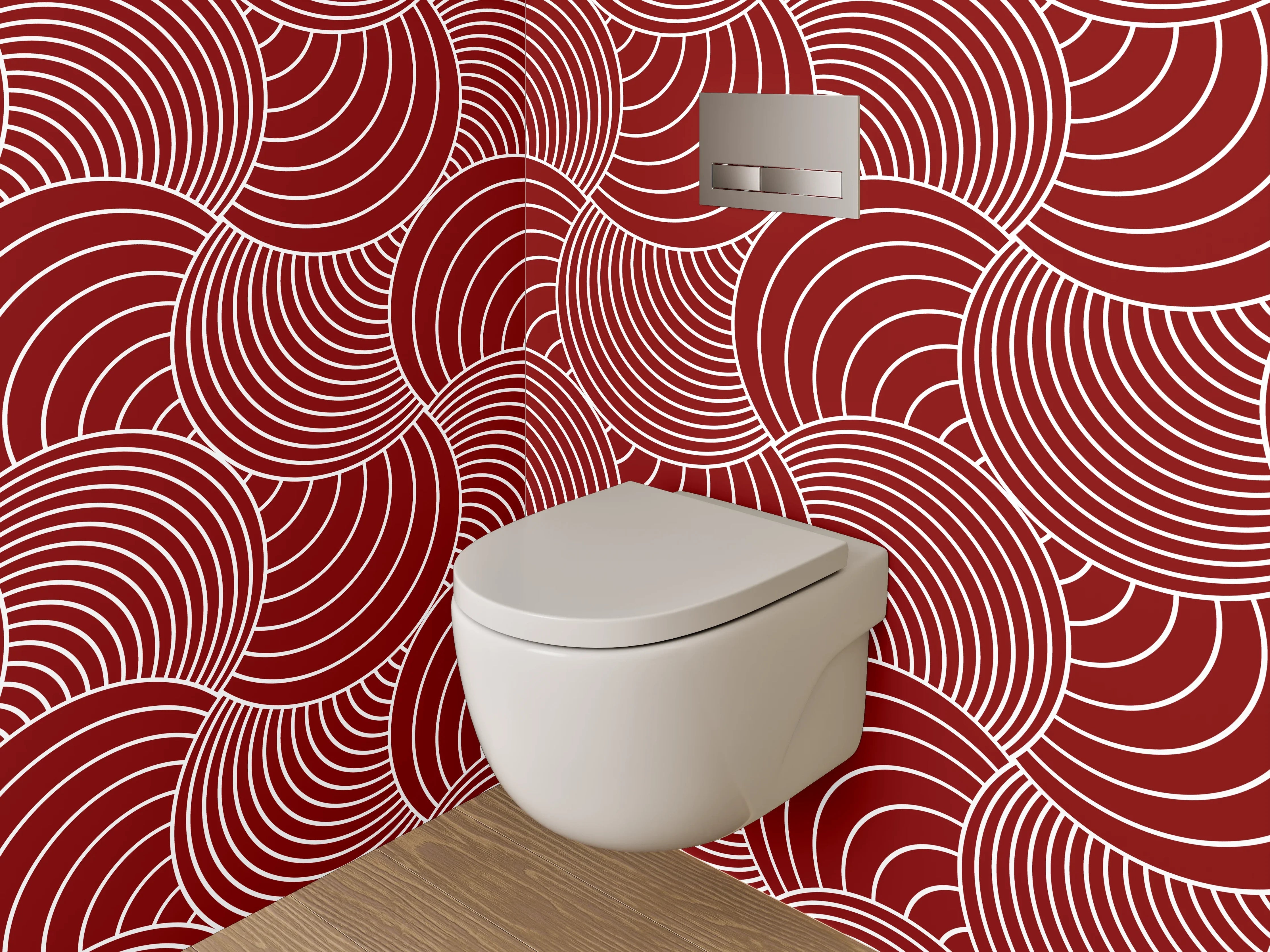 WC-Rückwand - Rotes Muster mit weißen Wellenlinien