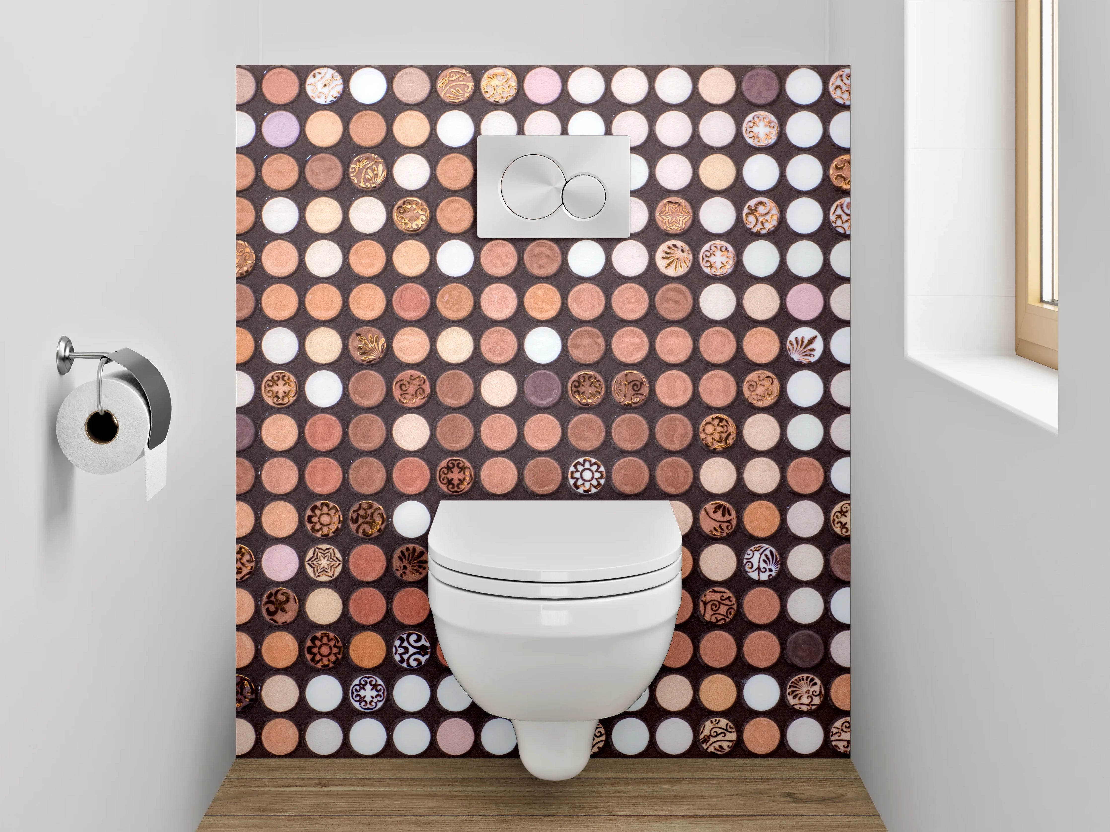 WC-Rückwand - Runde Mosaikfliesen in Braun und Creme