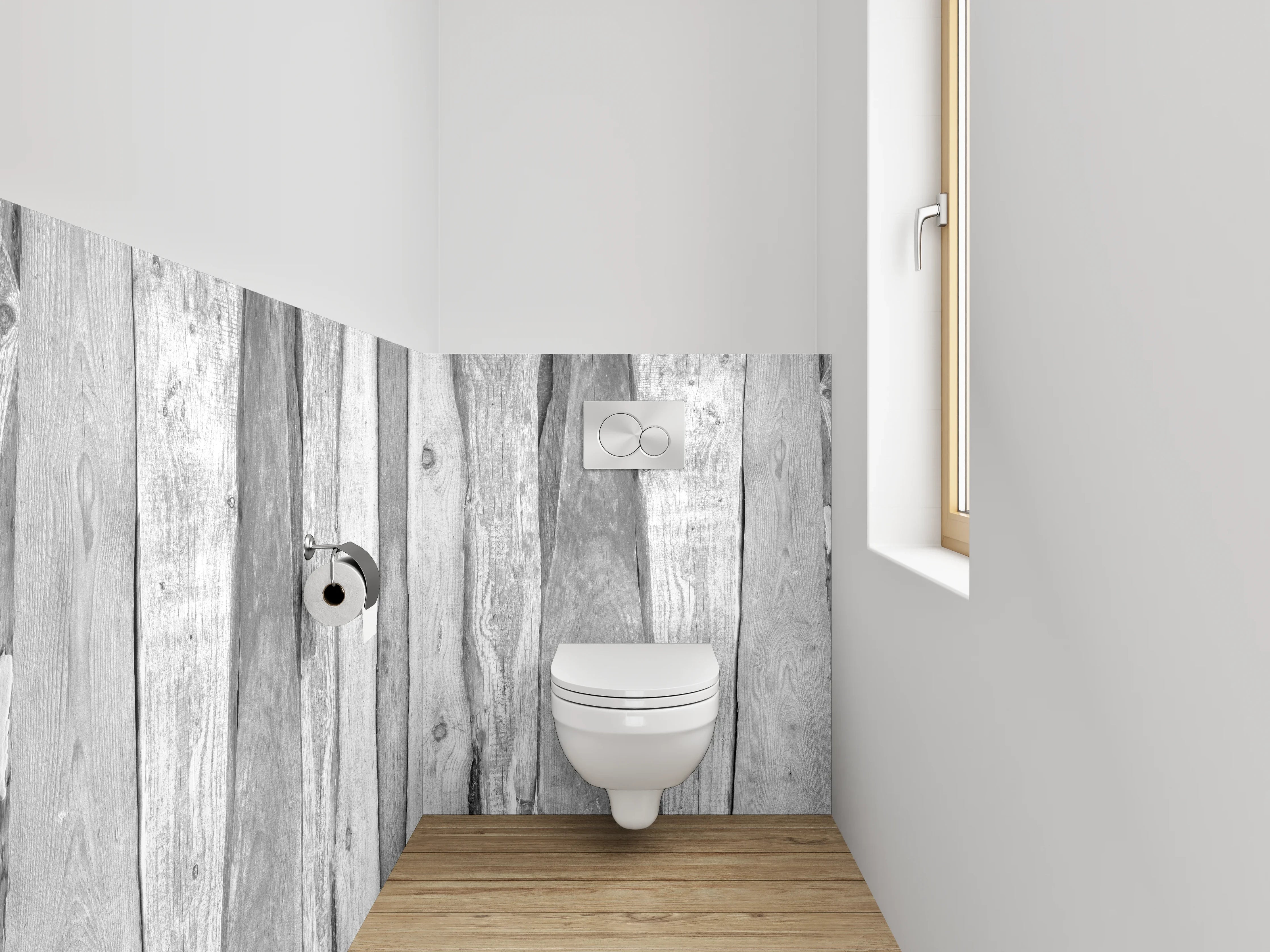 WC-Rückwand - Rustikale Holzlatten in Schwarz-Weiß