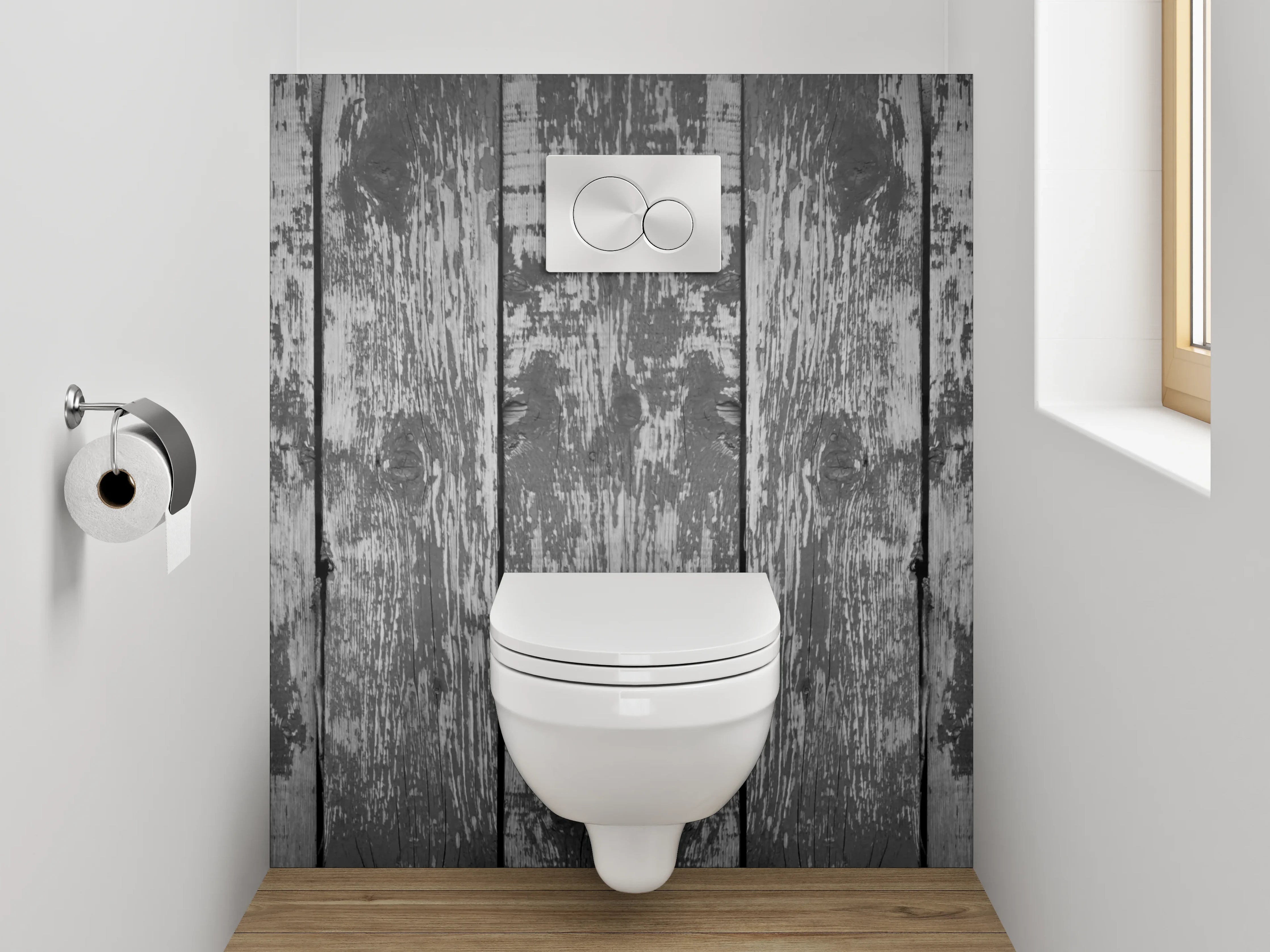 WC-Rückwand - Rustikale Holzoptik in Grau Tönen
