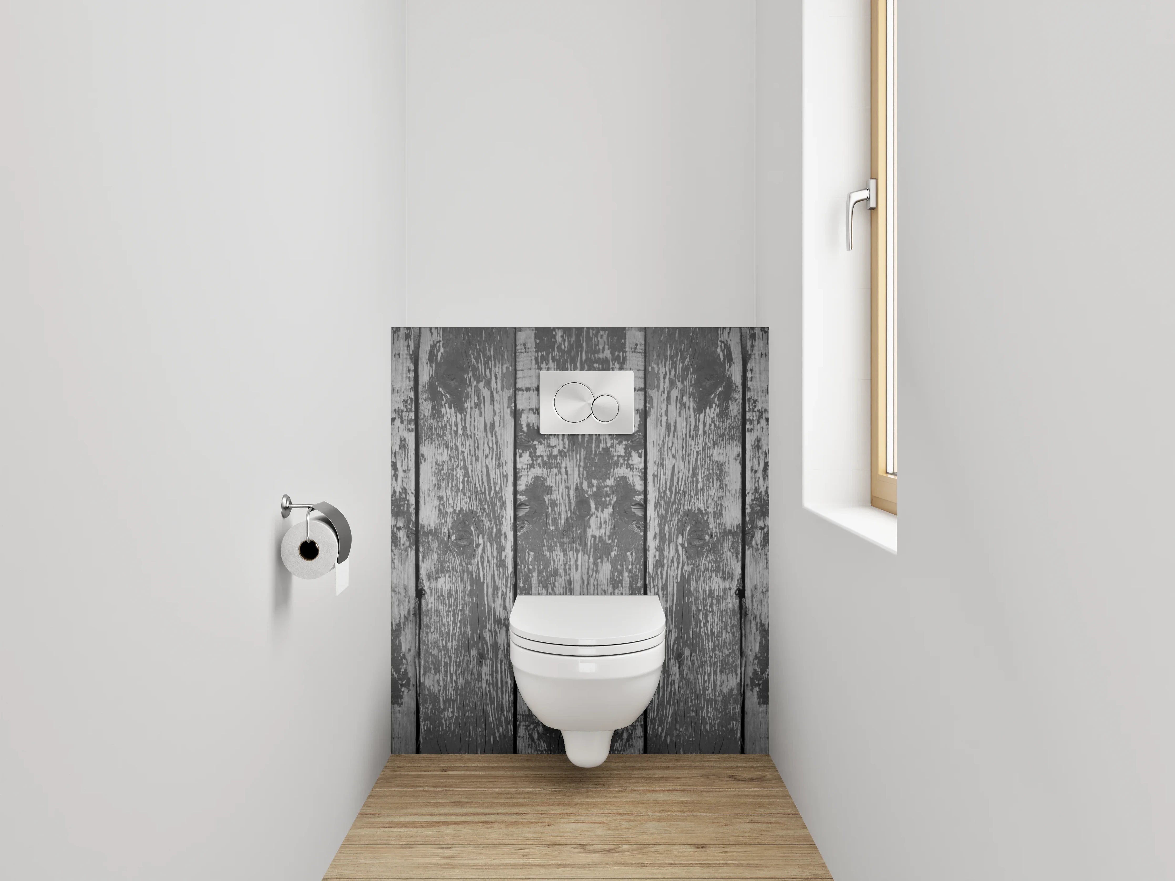 WC-Rückwand - Rustikale Holzoptik in Grau Tönen