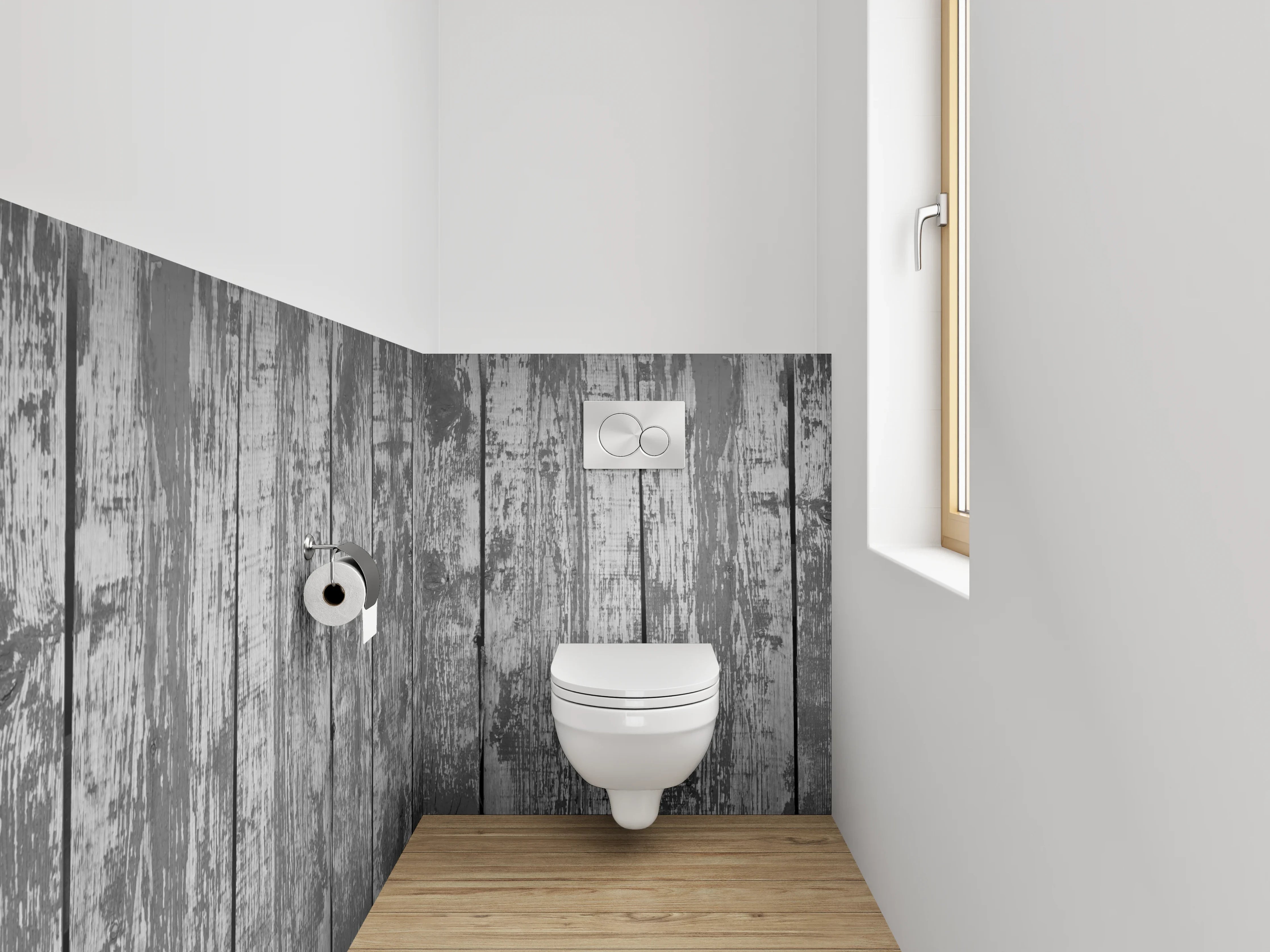 WC-Rückwand - Rustikale Holzoptik in Grau Tönen