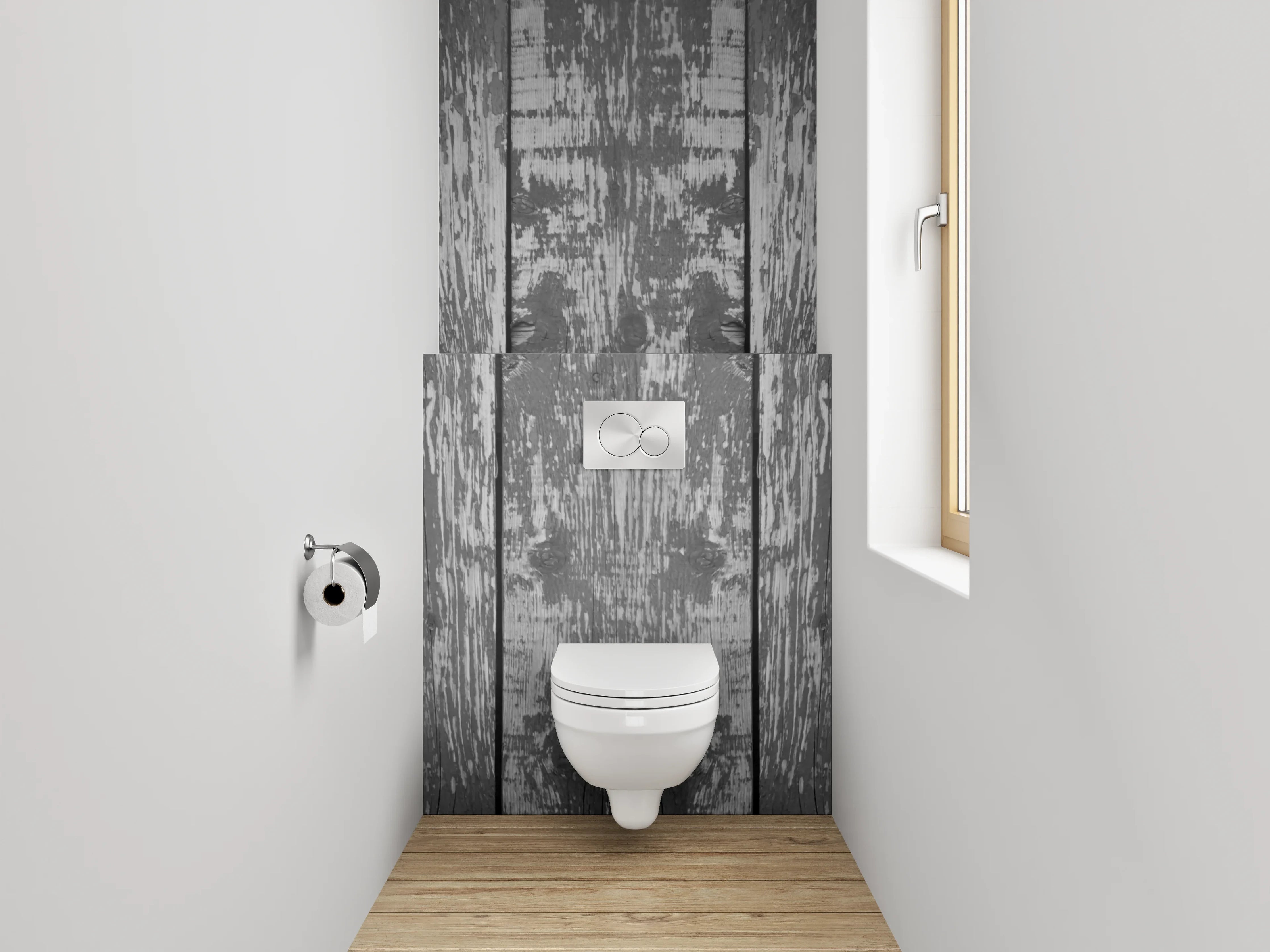 WC-Rückwand - Rustikale Holzoptik in Grau Tönen