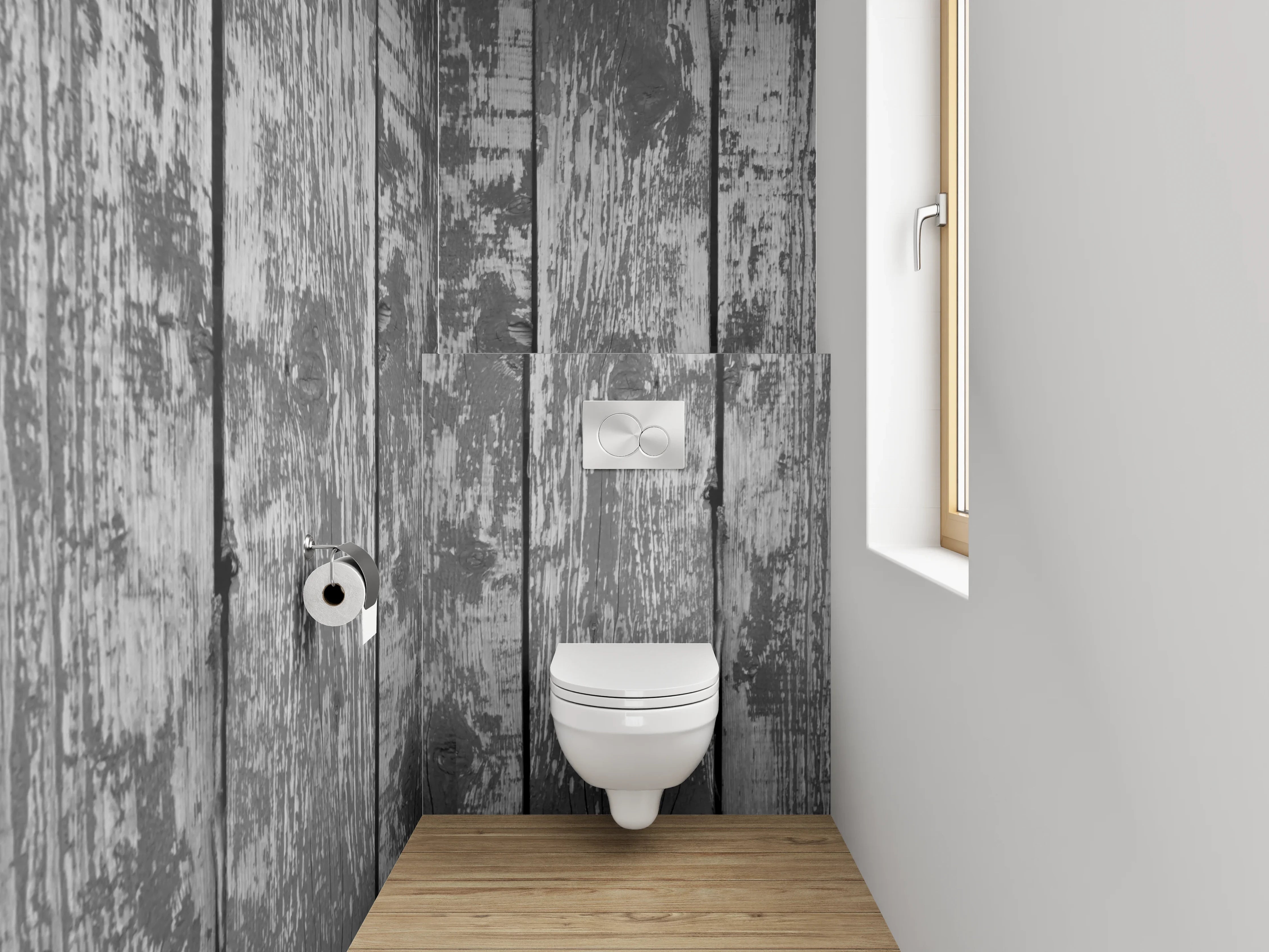 WC-Rückwand - Rustikale Holzoptik in Grau Tönen