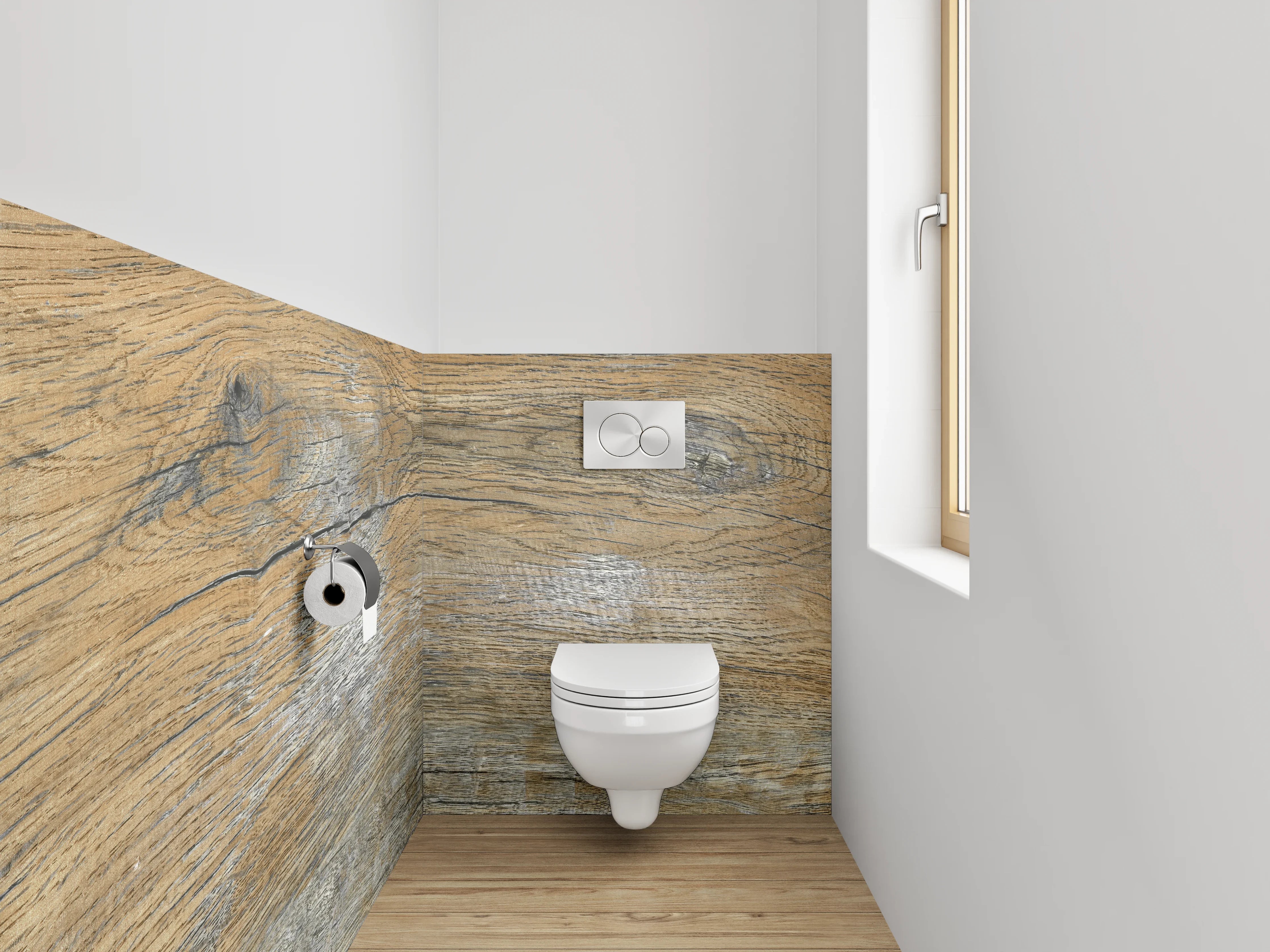 WC-Rückwand - Rustikale Holzoptik mit silbernen Akzenten