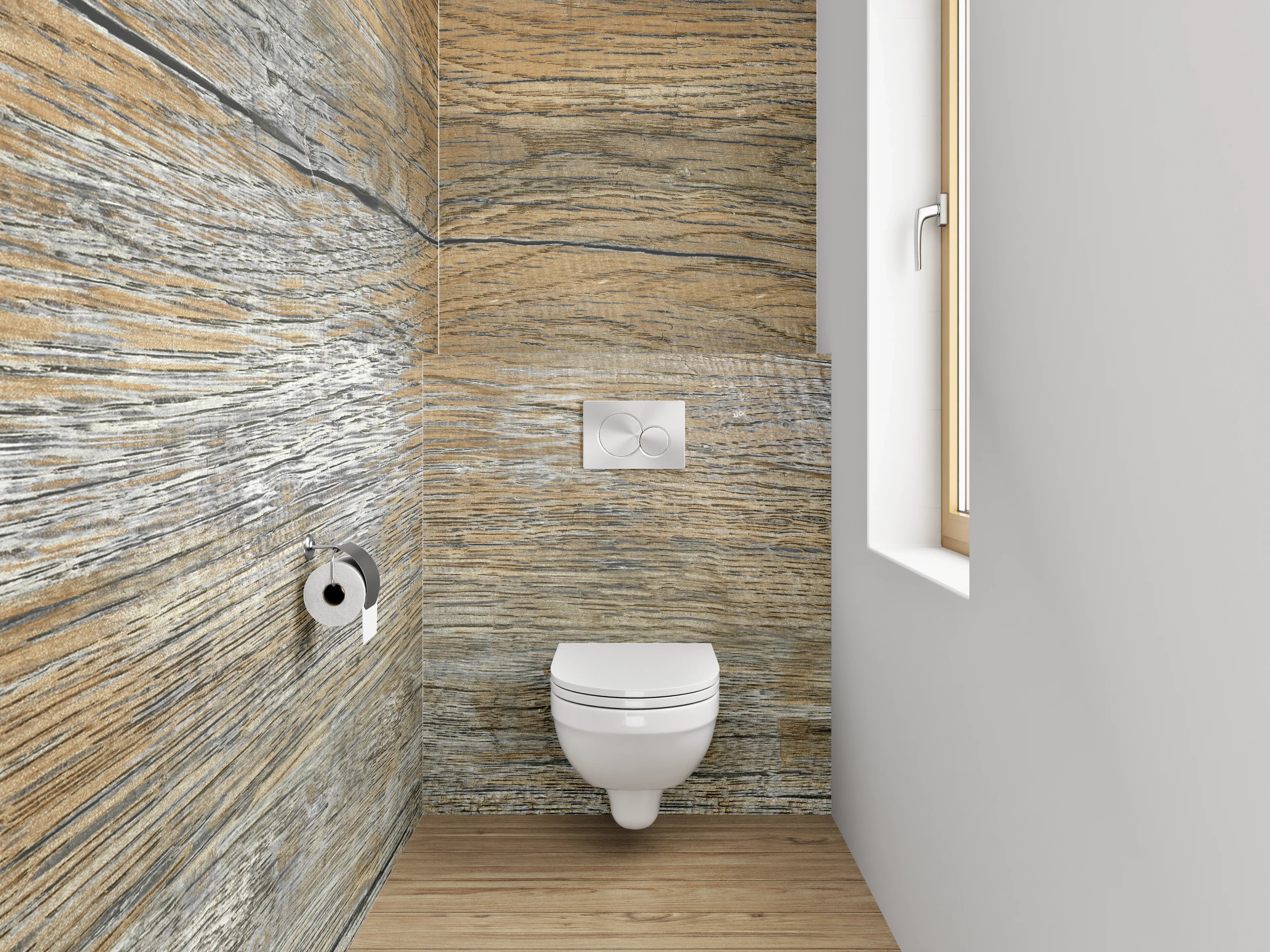 WC-Rückwand - Rustikale Holzoptik mit silbernen Akzenten