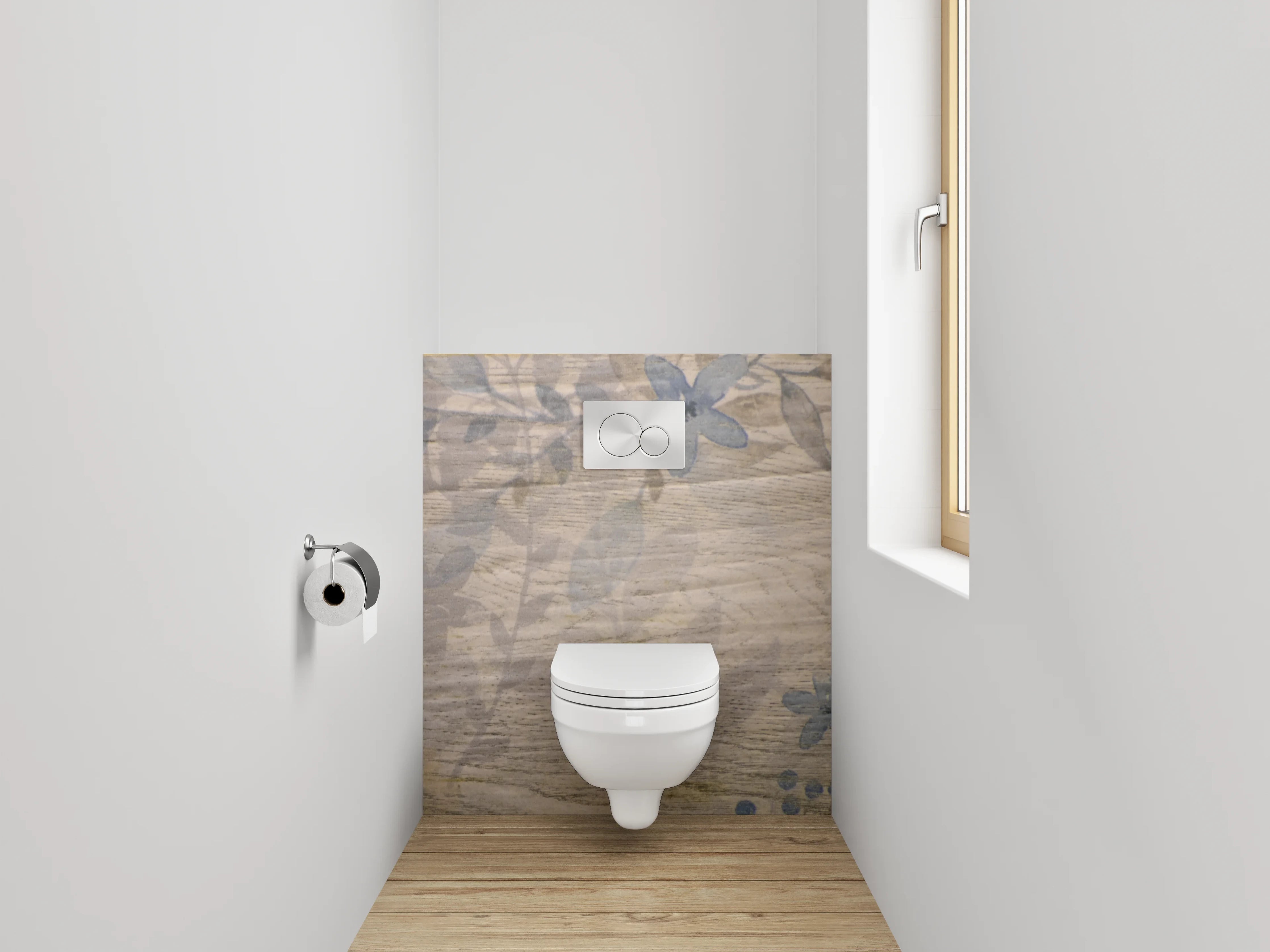 WC-Rückwand - Rustikale Holzoptik mit verwischten Blumen