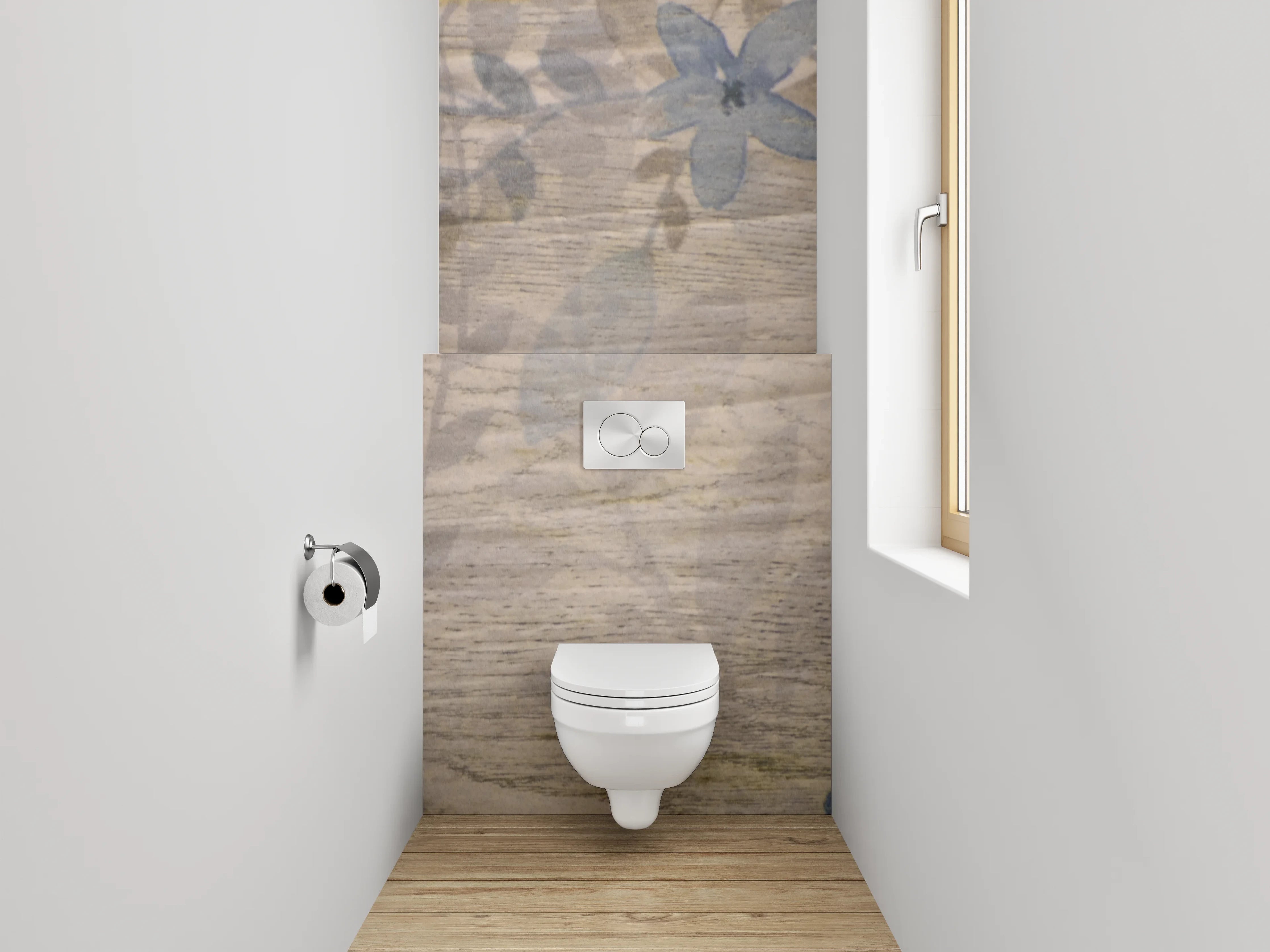 WC-Rückwand - Rustikale Holzoptik mit verwischten Blumen