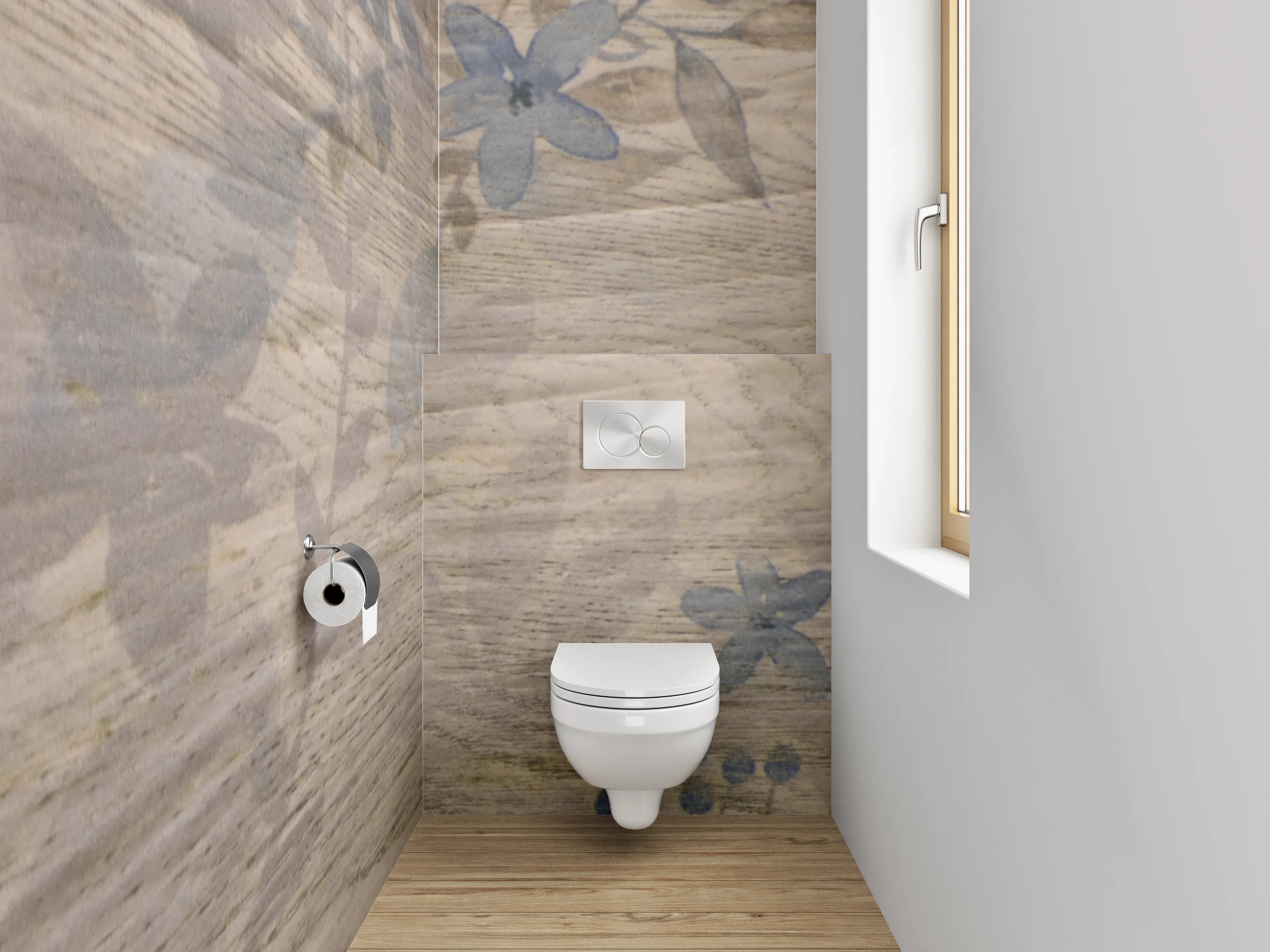 WC-Rückwand - Rustikale Holzoptik mit verwischten Blumen