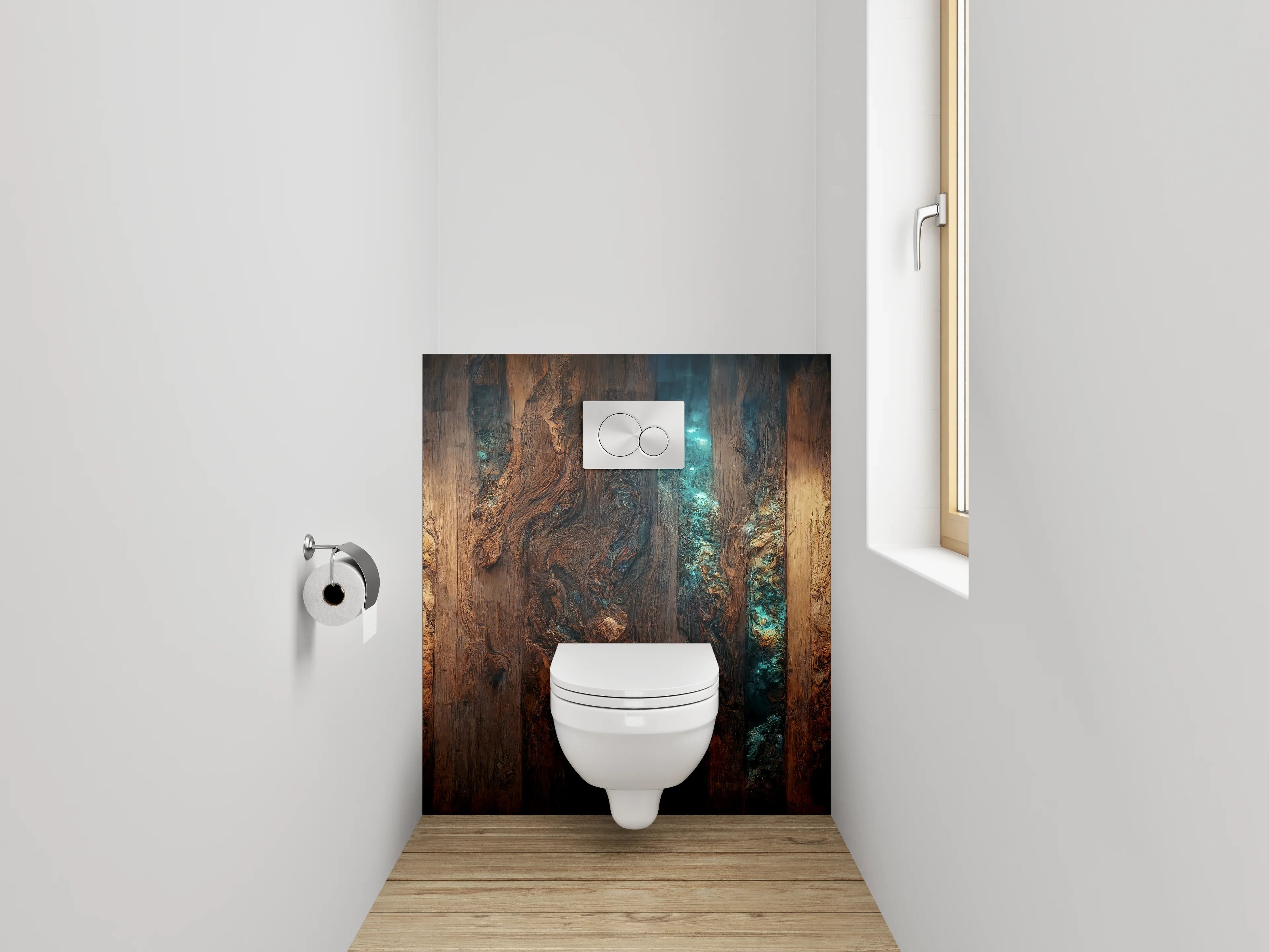 WC-Rückwand - Rustikale Holzstruktur mit blauem Licht