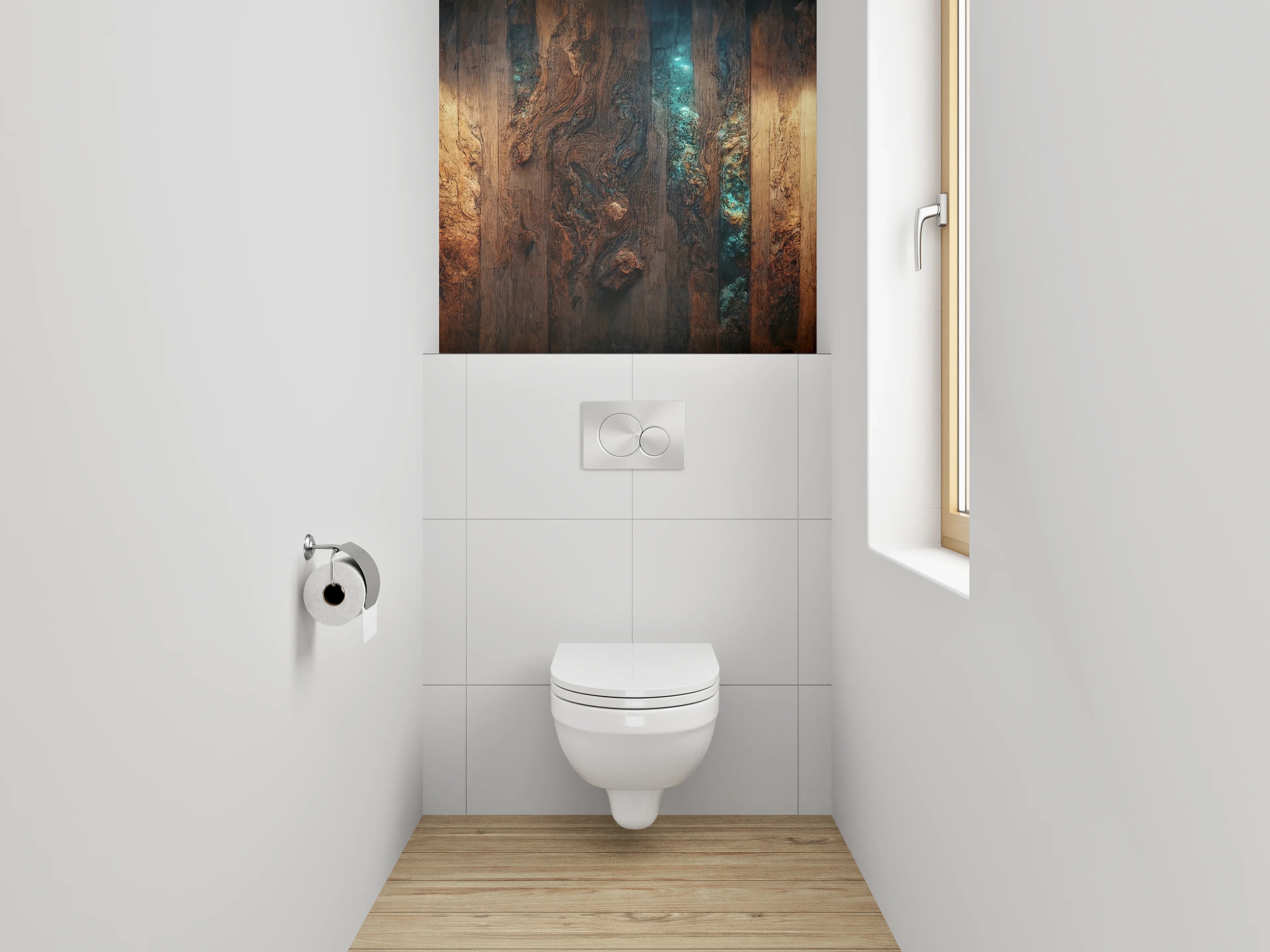 WC-Rückwand - Rustikale Holzstruktur mit blauem Licht