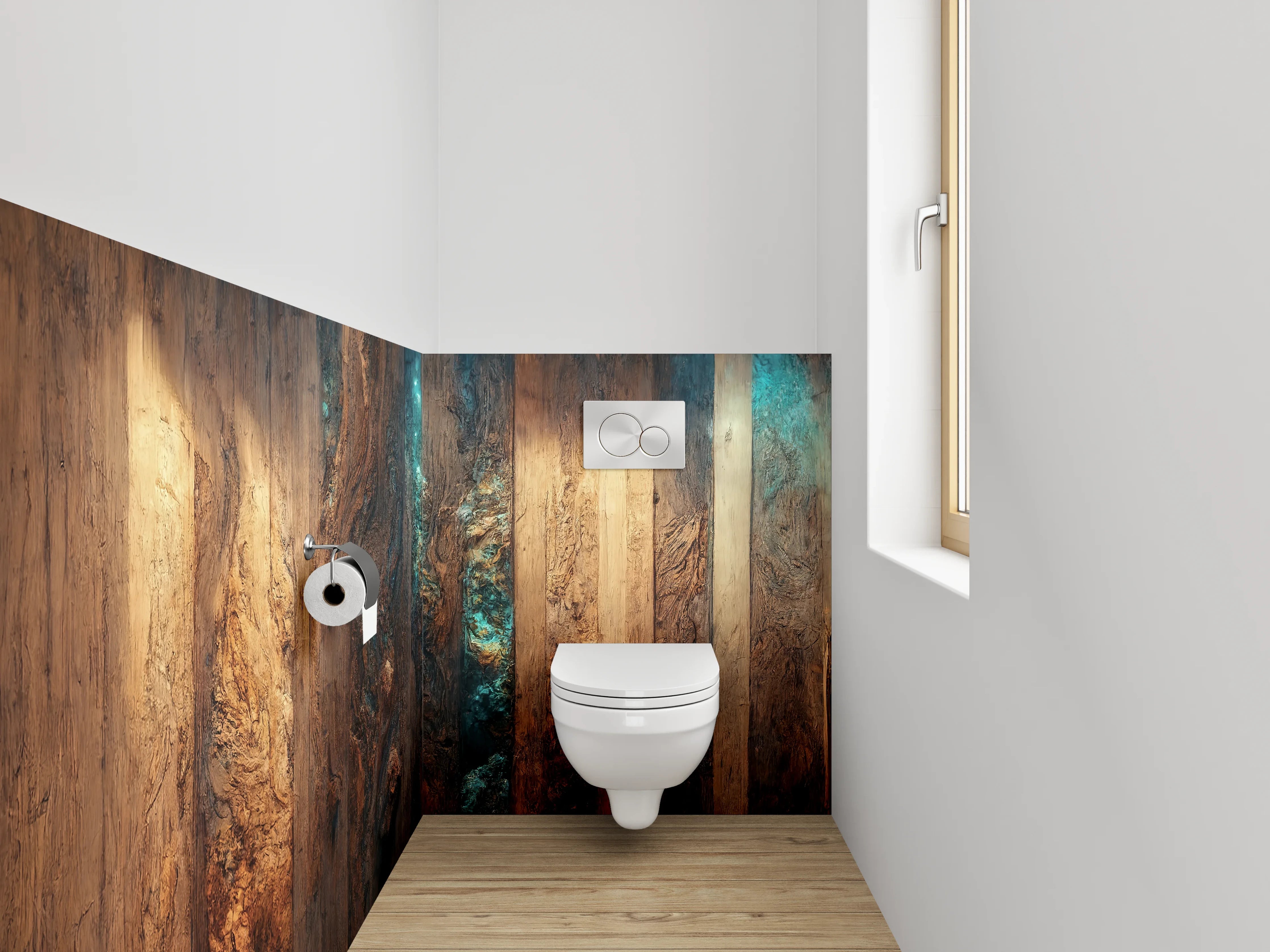 WC-Rückwand - Rustikale Holzstruktur mit blauem Licht