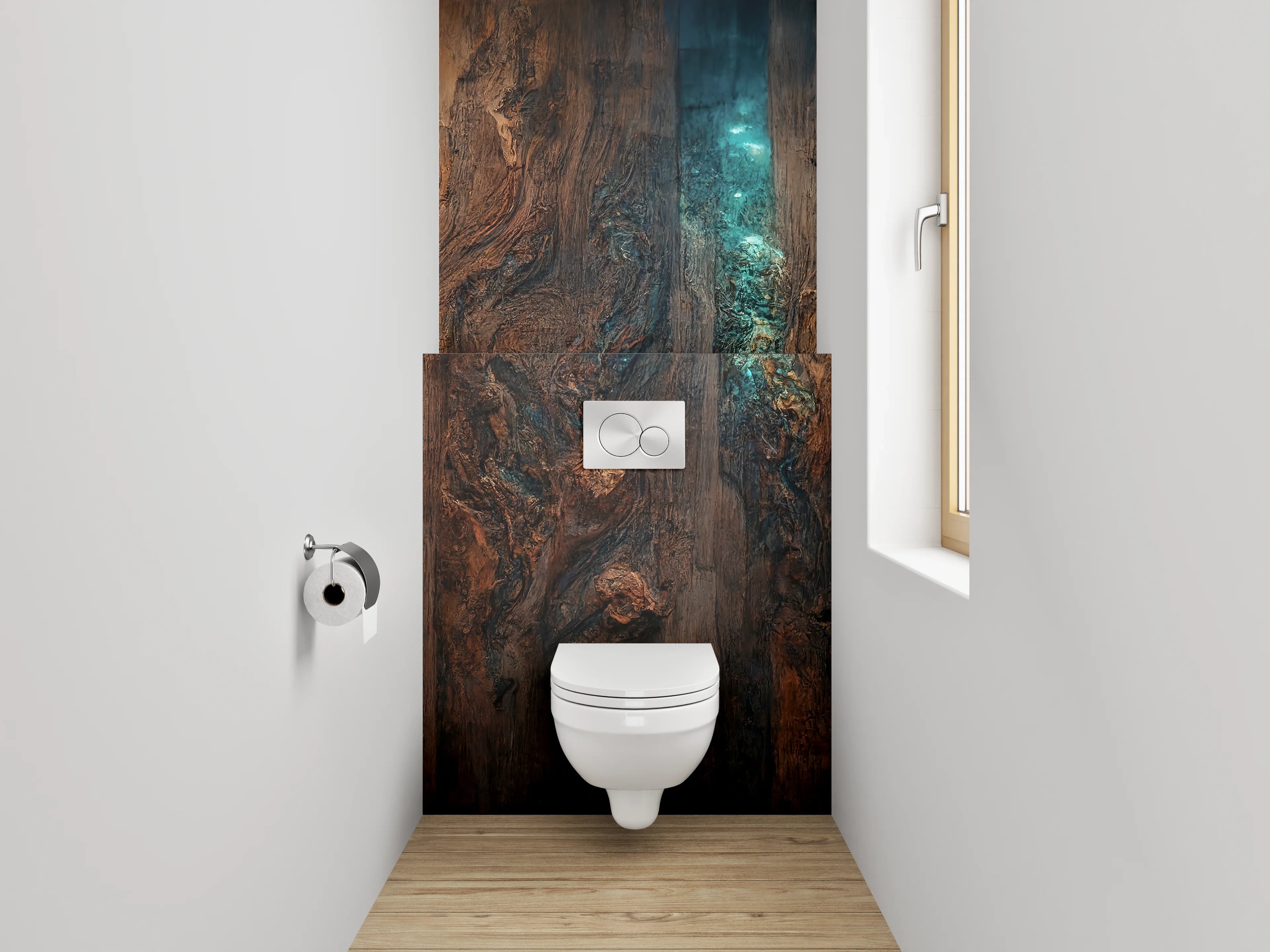 WC-Rückwand - Rustikale Holzstruktur mit blauem Licht