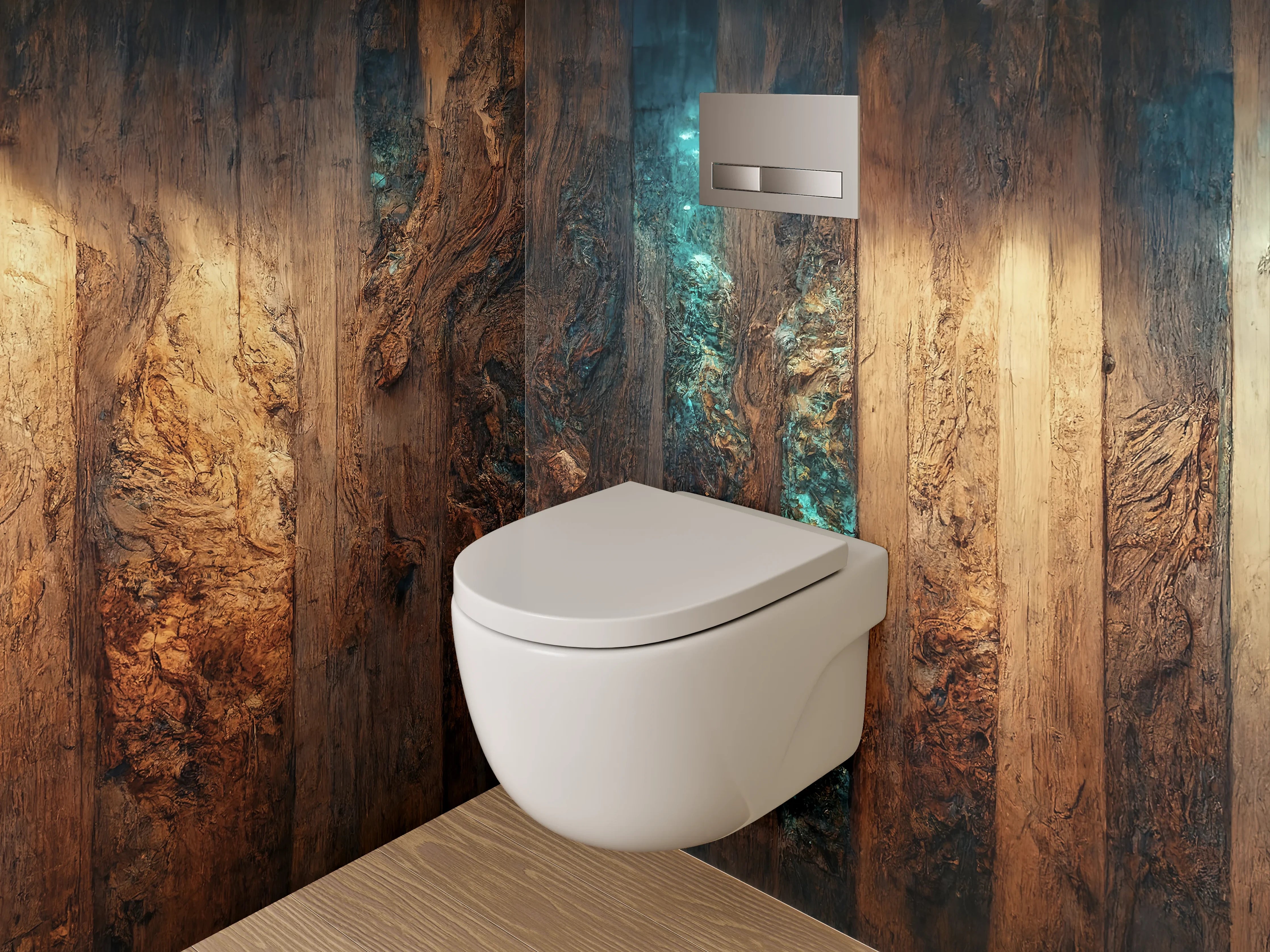 WC-Rückwand - Rustikale Holzstruktur mit blauem Licht