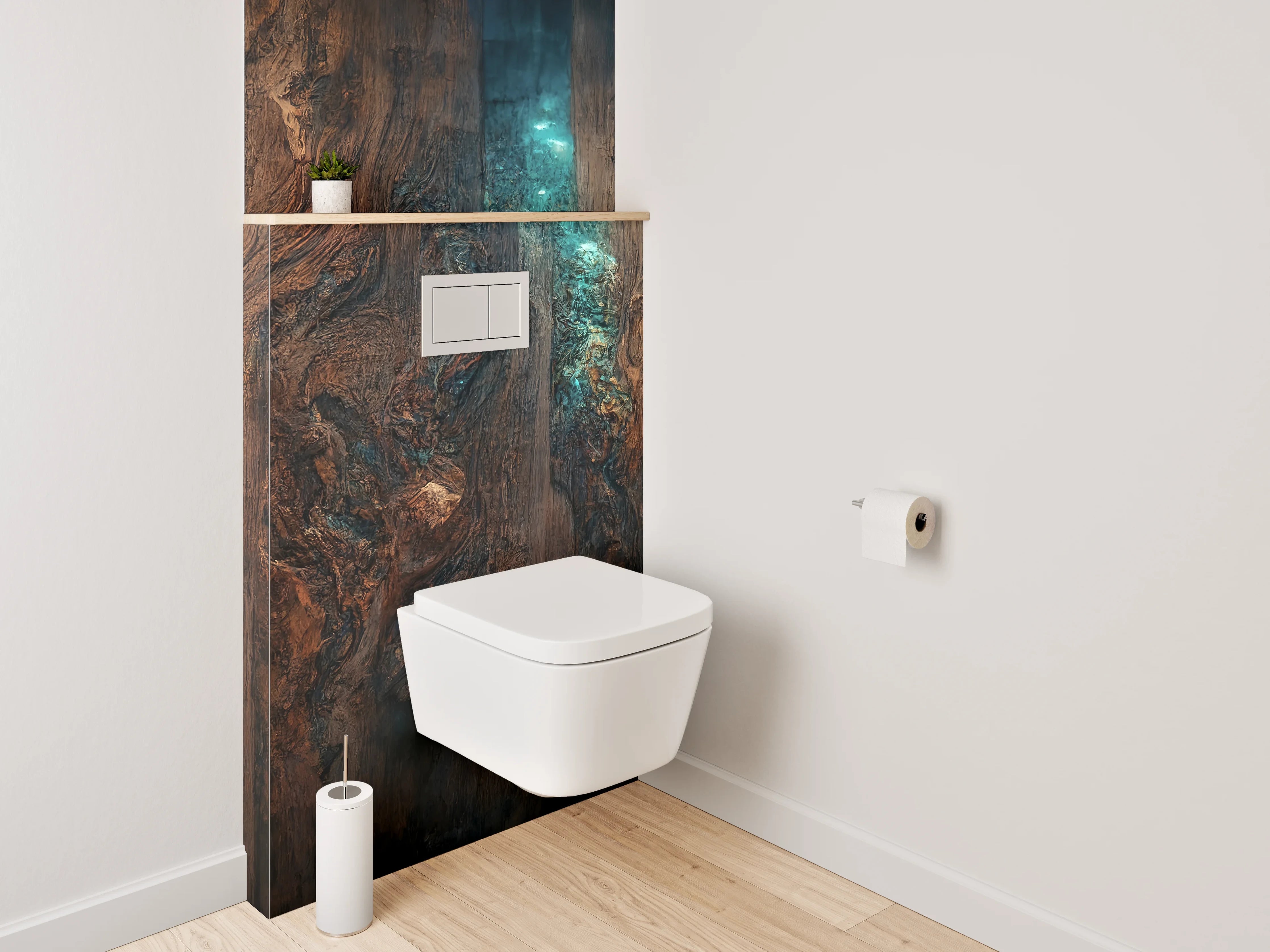 WC-Rückwand - Rustikale Holzstruktur mit blauem Licht
