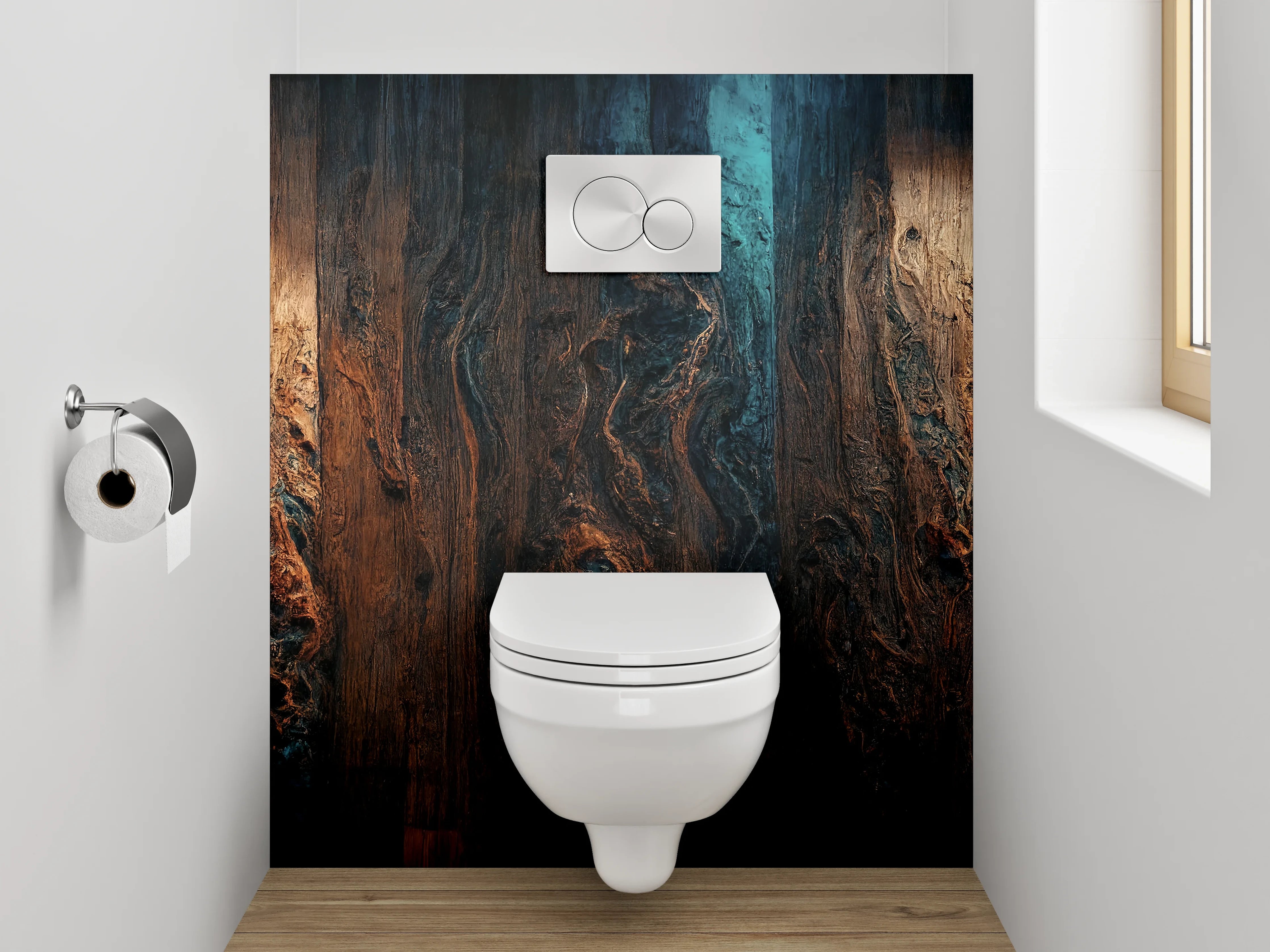 WC-Rückwand - Rustikale Holzstruktur mit blauen Akzenten