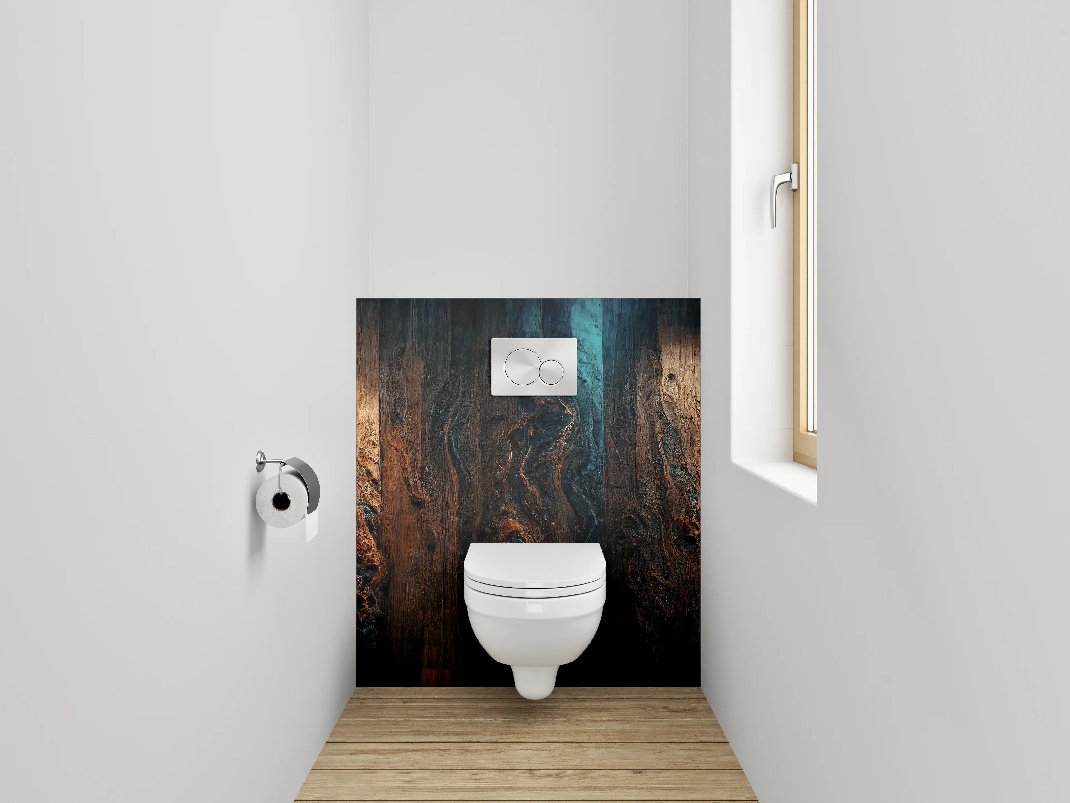 WC-Rückwand - Rustikale Holzstruktur mit blauen Akzenten