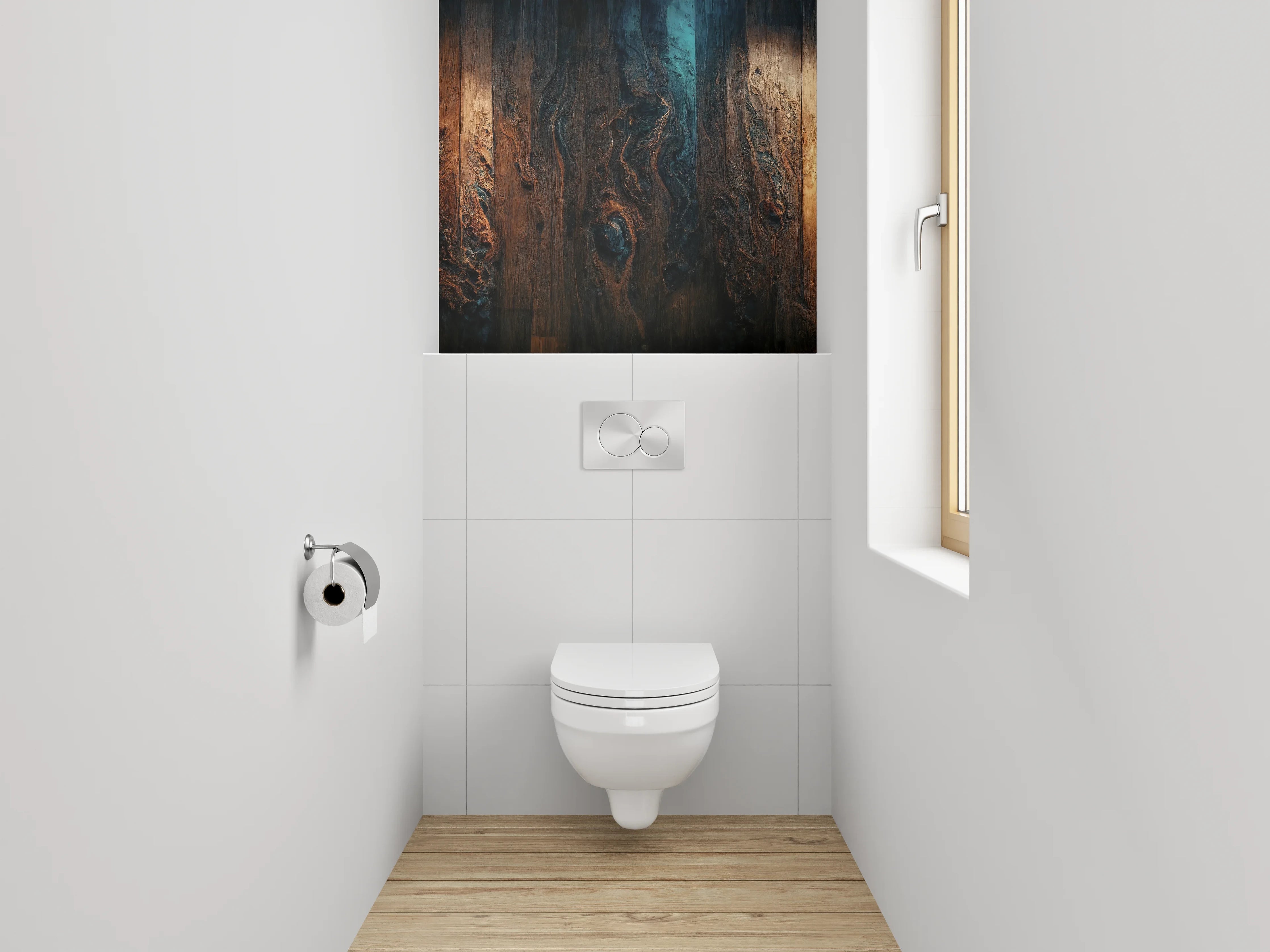 WC-Rückwand - Rustikale Holzstruktur mit blauen Akzenten