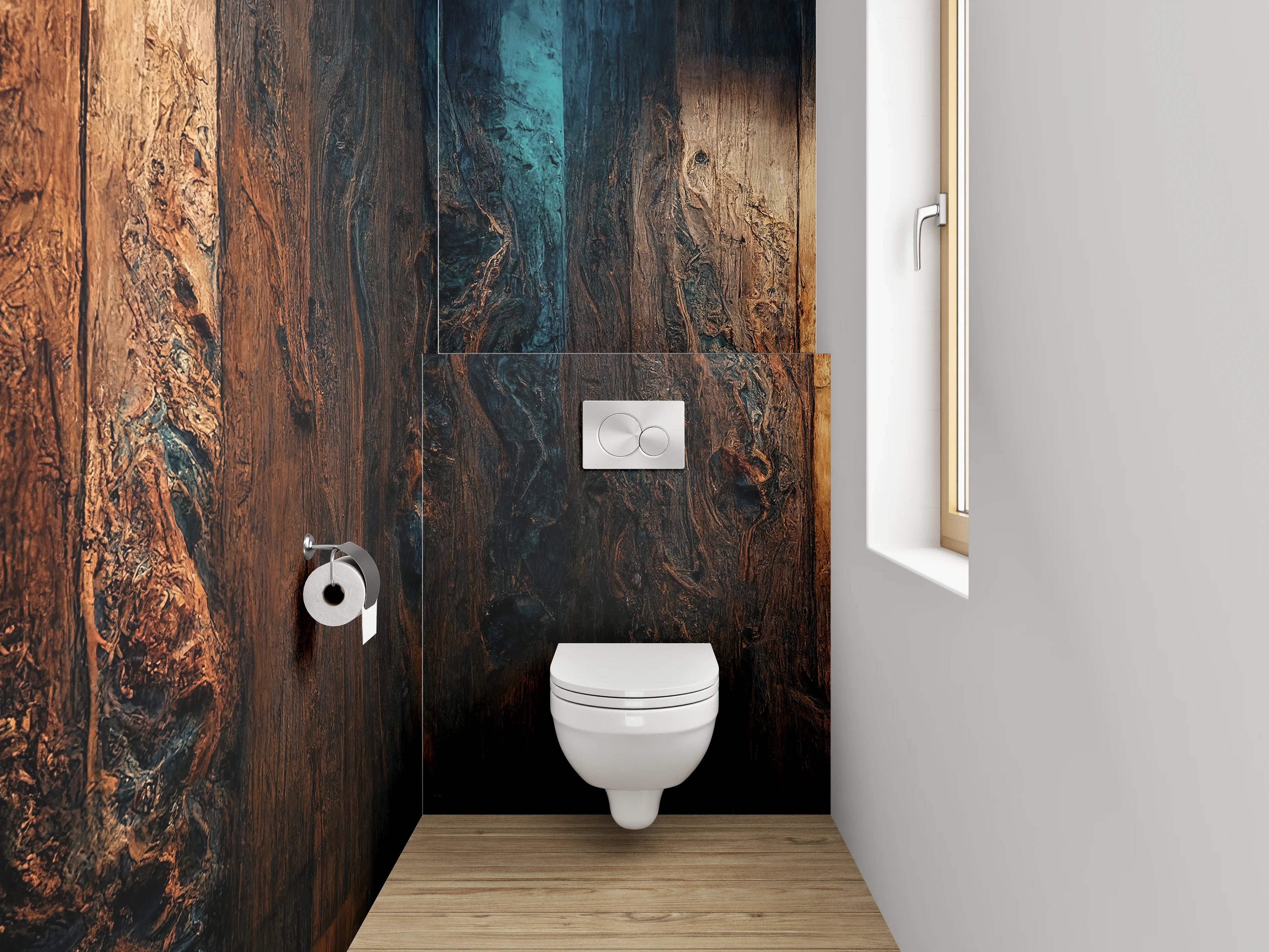 WC-Rückwand - Rustikale Holzstruktur mit blauen Akzenten