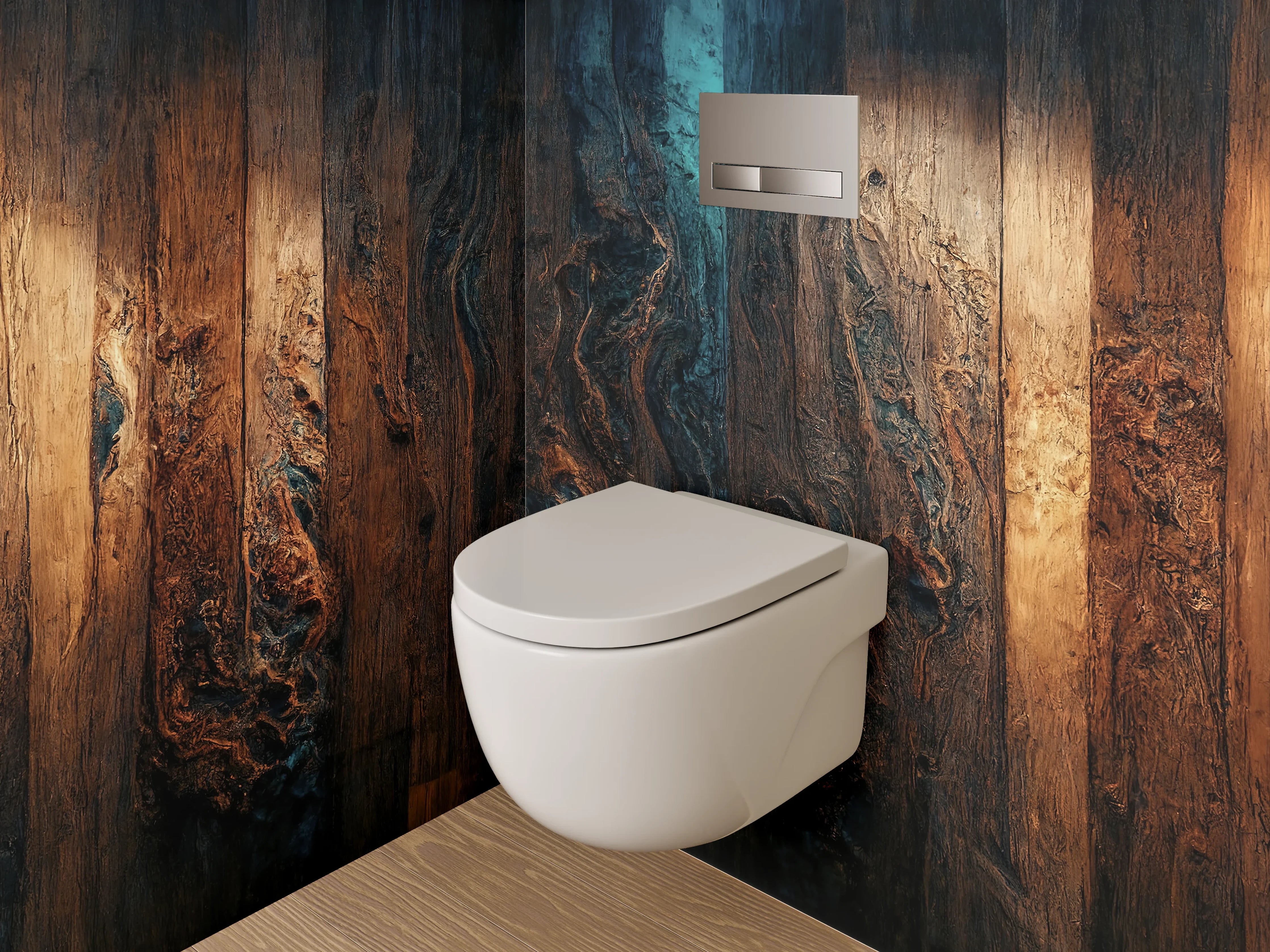WC-Rückwand - Rustikale Holzstruktur mit blauen Akzenten