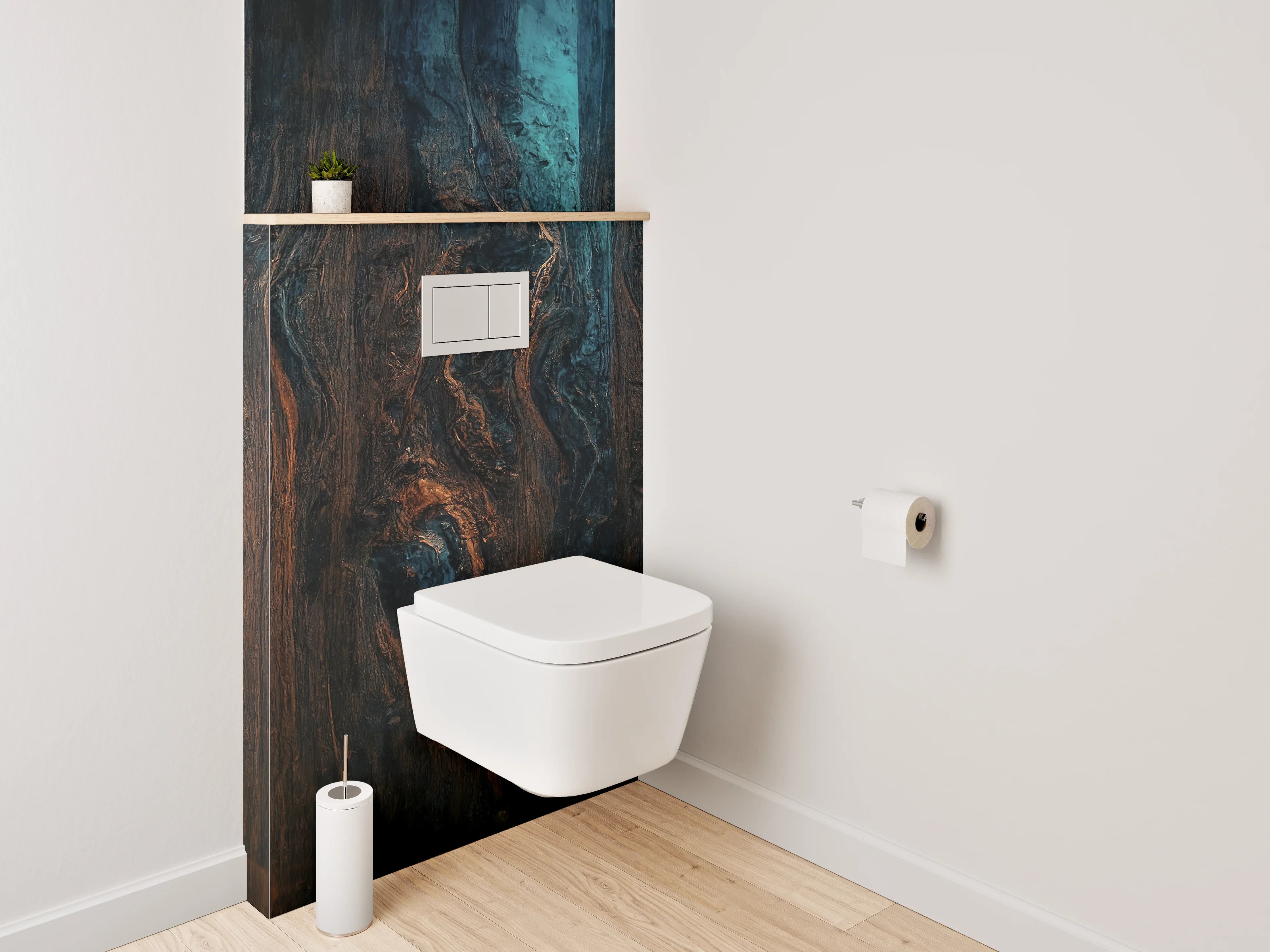 WC-Rückwand - Rustikale Holzstruktur mit blauen Akzenten