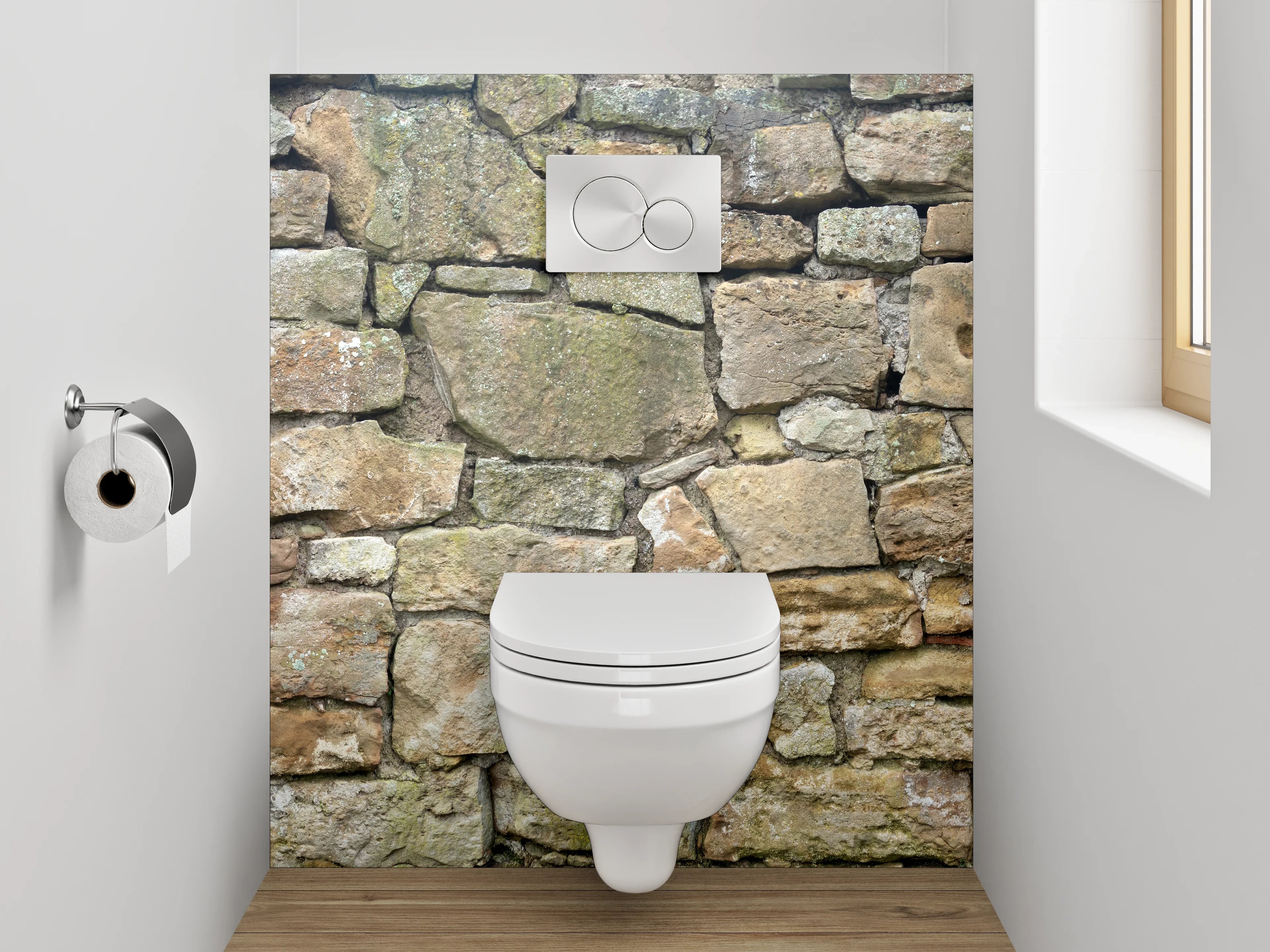 WC-Rückwand - Rustikale Steinmauer Braun-Grau mit Weißakzenten